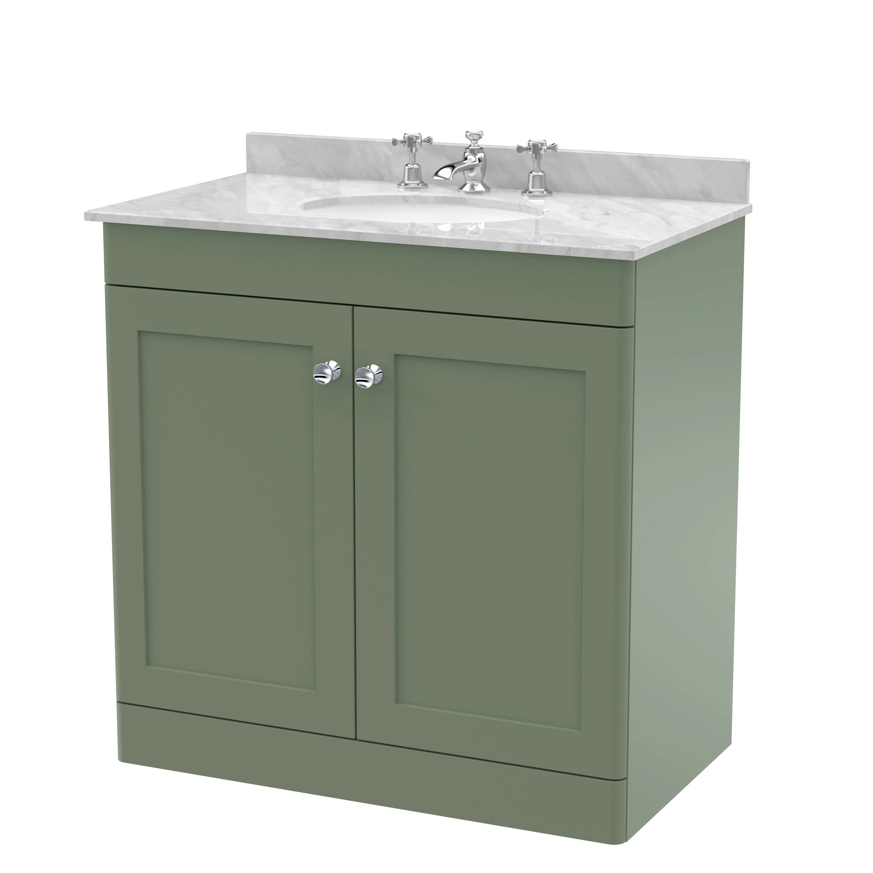Classique 800mm Floor Standing 2-Door Unit & Grey Marble Top 3TH - Satin Green