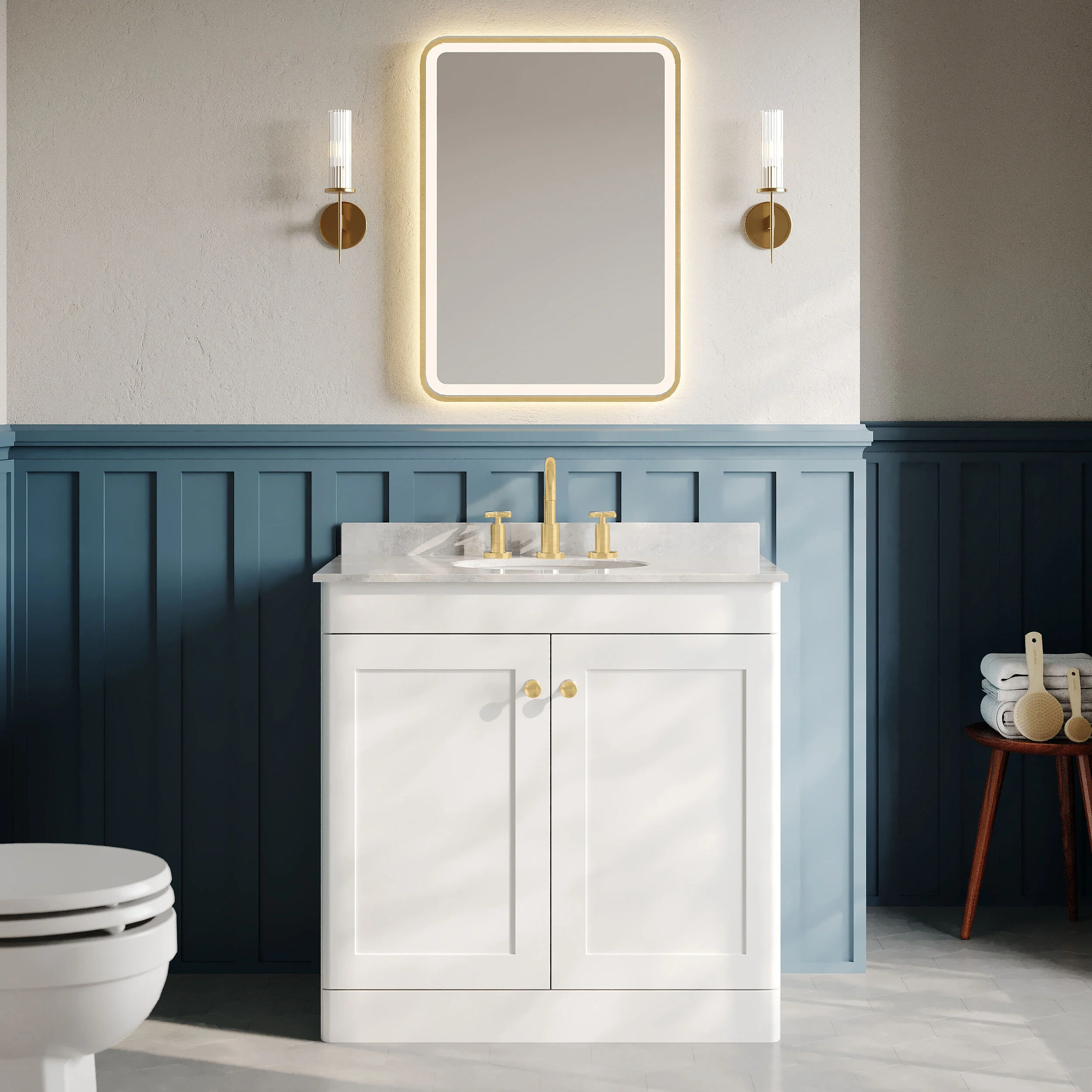 Classique 800mm Floor Standing 2-Door Unit & Grey Marble Top 3TH - Satin White - Image 2