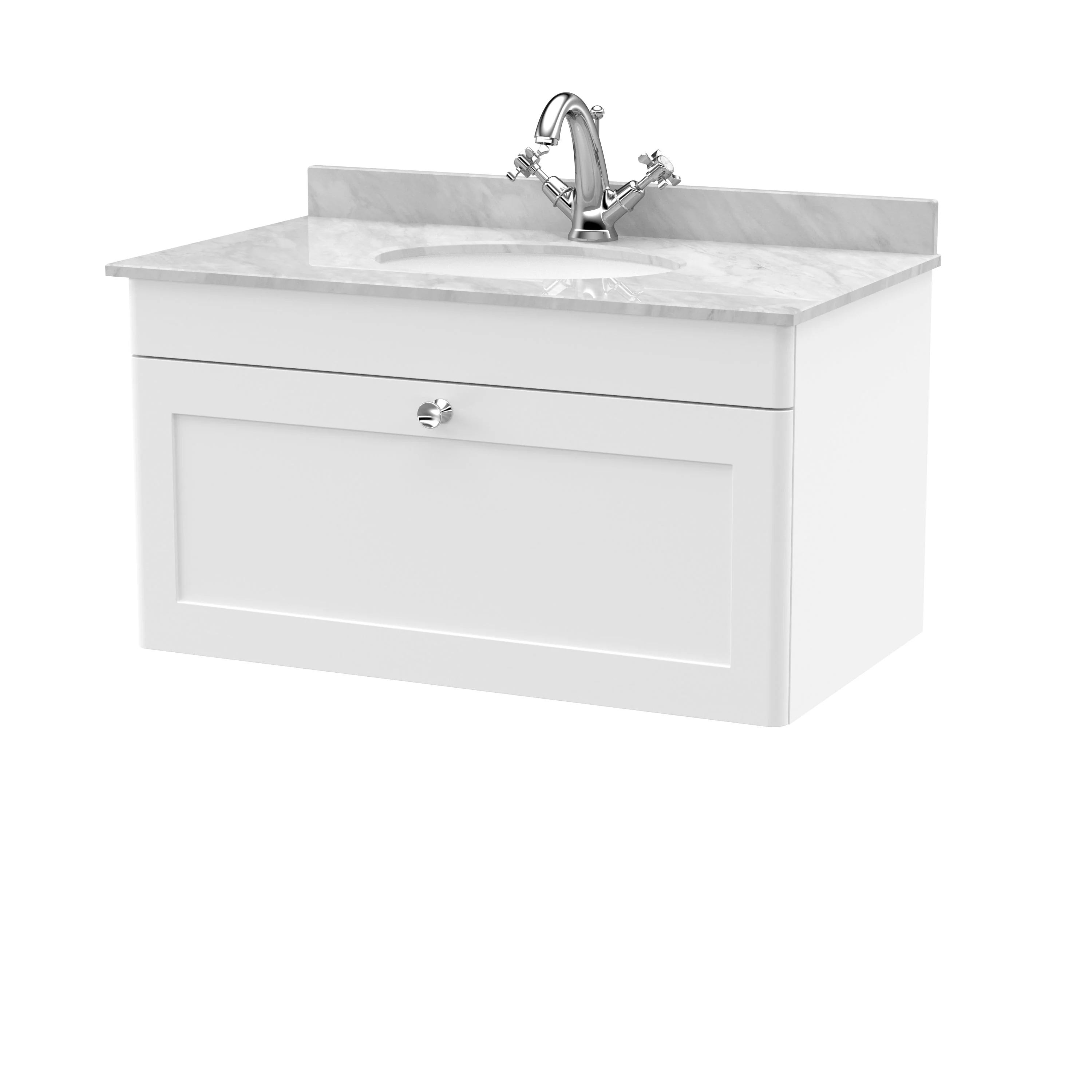 Classique 800mm Wall Hung 1 Drawer Unit & Marble Top 1TH - Satin White