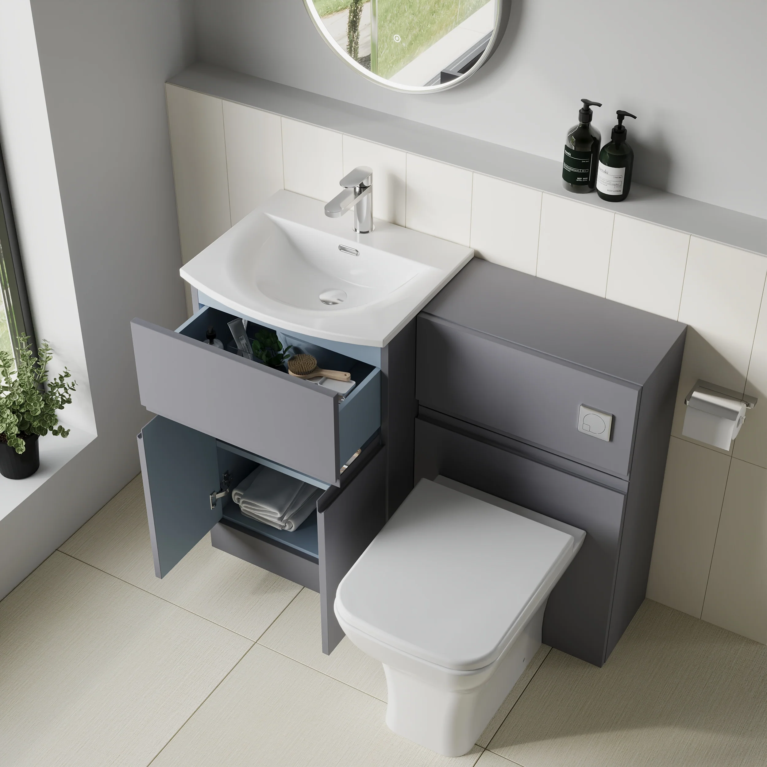 COSMO Curve 2-Door 1-Drawer 1100mm Combination Unit - Satin Grey - Image 8
