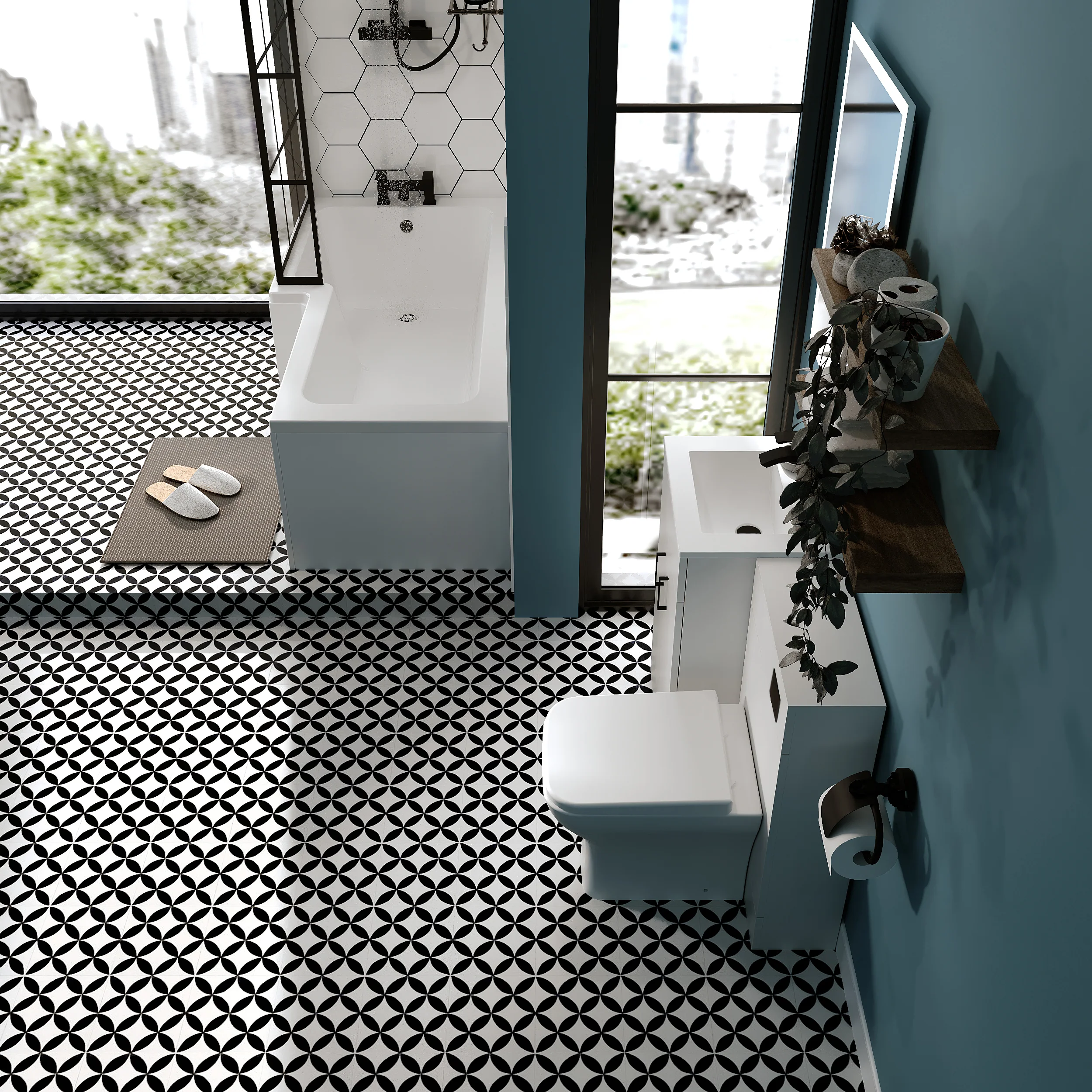 Crystalline 1600 L Shaped Combination Vanity Black Shower Bath Bathroom Suite - Image 5
