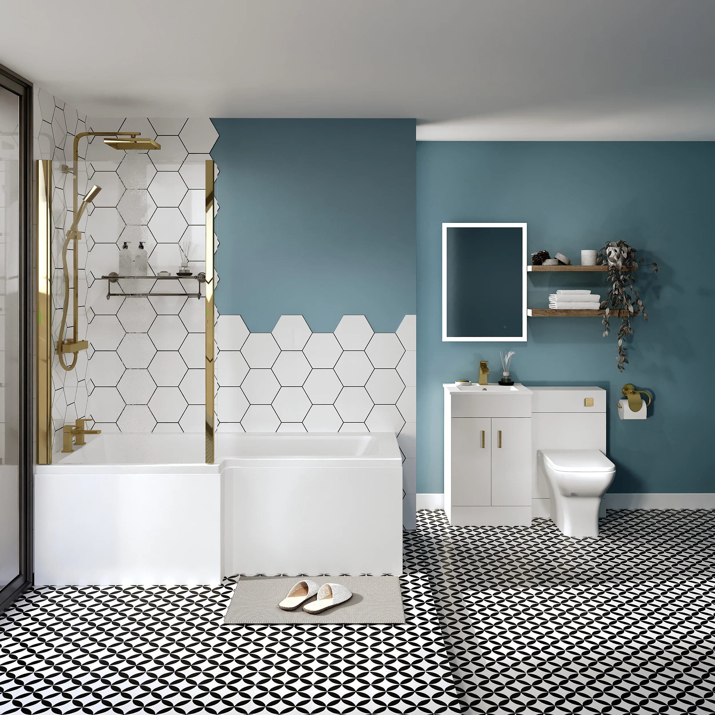 Crystalline 1700 L Shaped Combination Vanity Brushed Brass Shower Bath Bathroom Suite