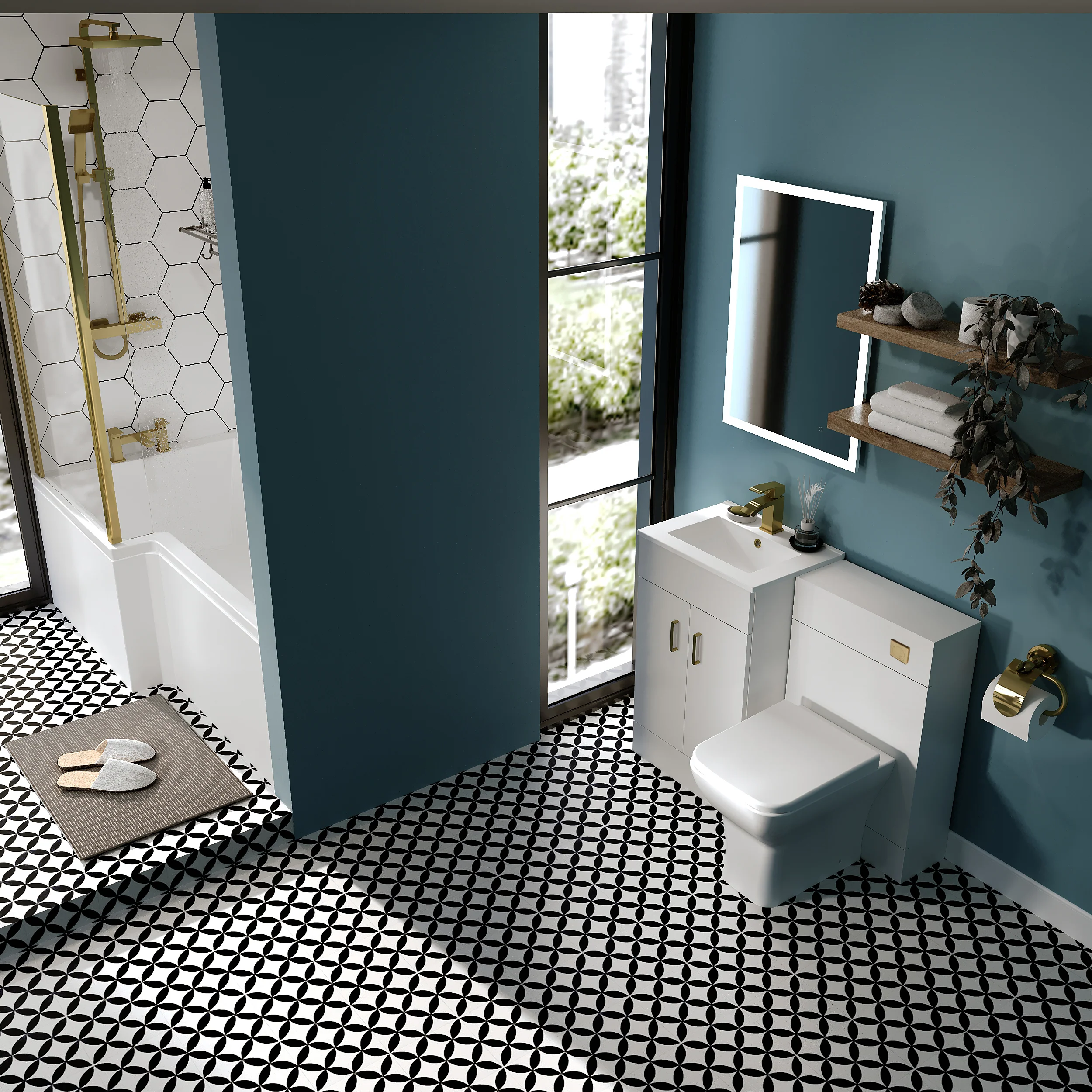 Crystalline 1700 L Shaped Combination Vanity Brushed Brass Shower Bath Bathroom Suite - Image 6