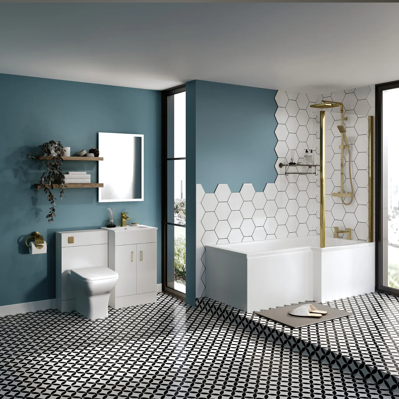 Nova 1800 L Shaped Combination Vanity Brushed Brass Shower Bath Bathroom Suite - Image 3