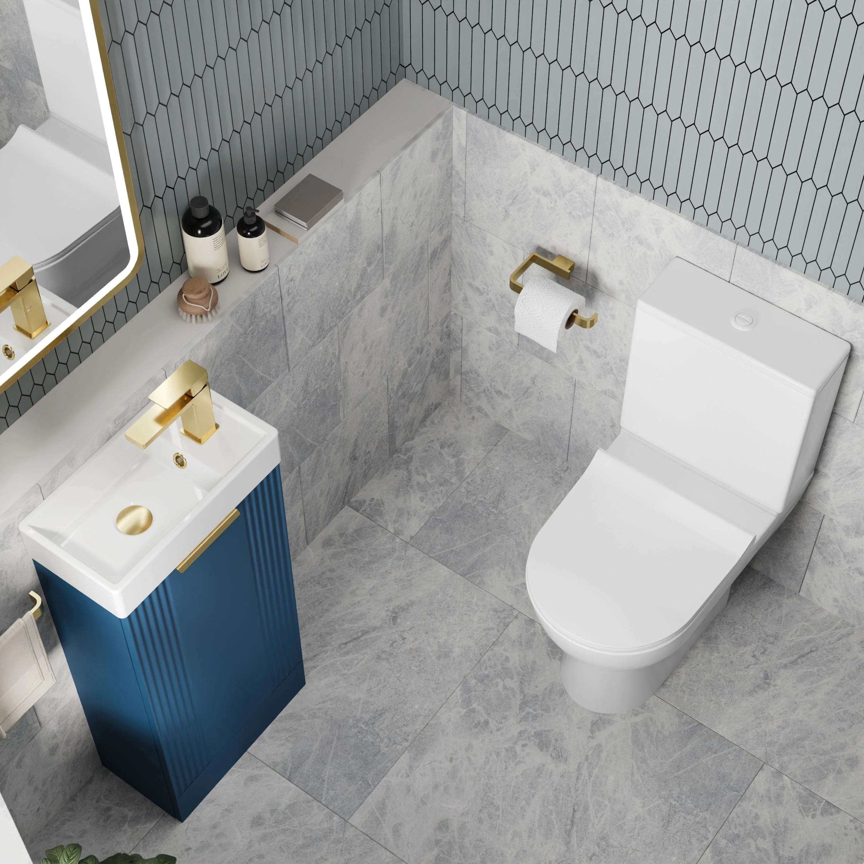 Deco 400mm Cloakroom Bathroom Suites with Close Couple Toilet - Satin Blue & Brushed Brass Finishing - Image 3