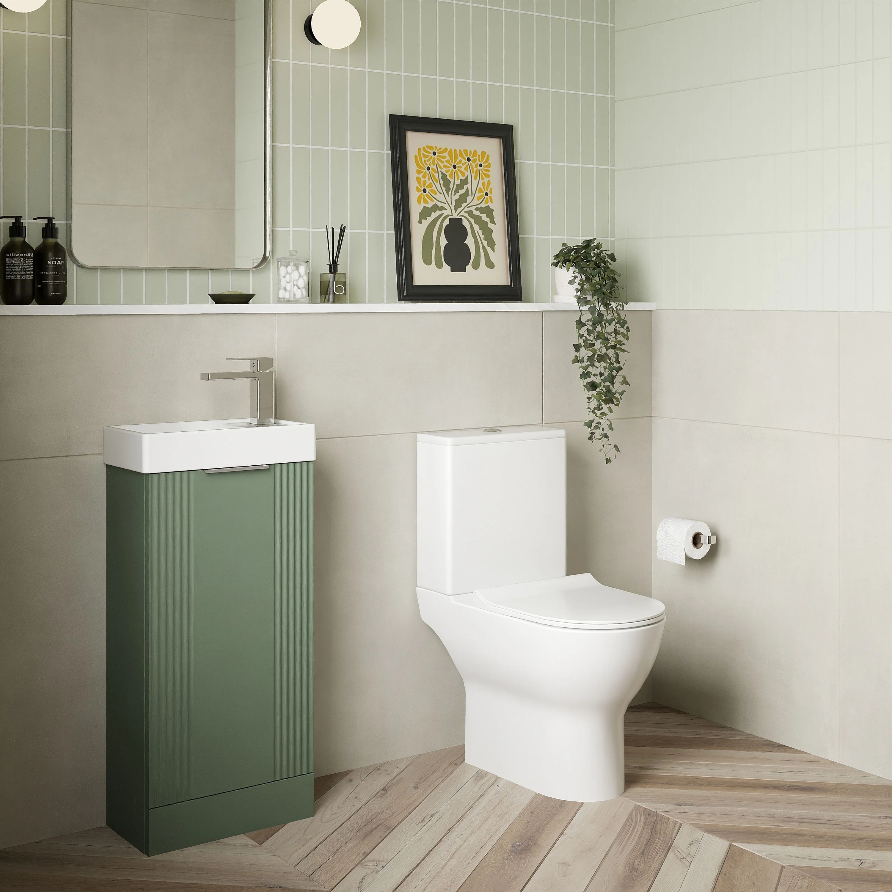 Deco 400mm Cloakroom Bathroom Suites with Close Couple Toilet - Satin Green & Chrome Finishing
