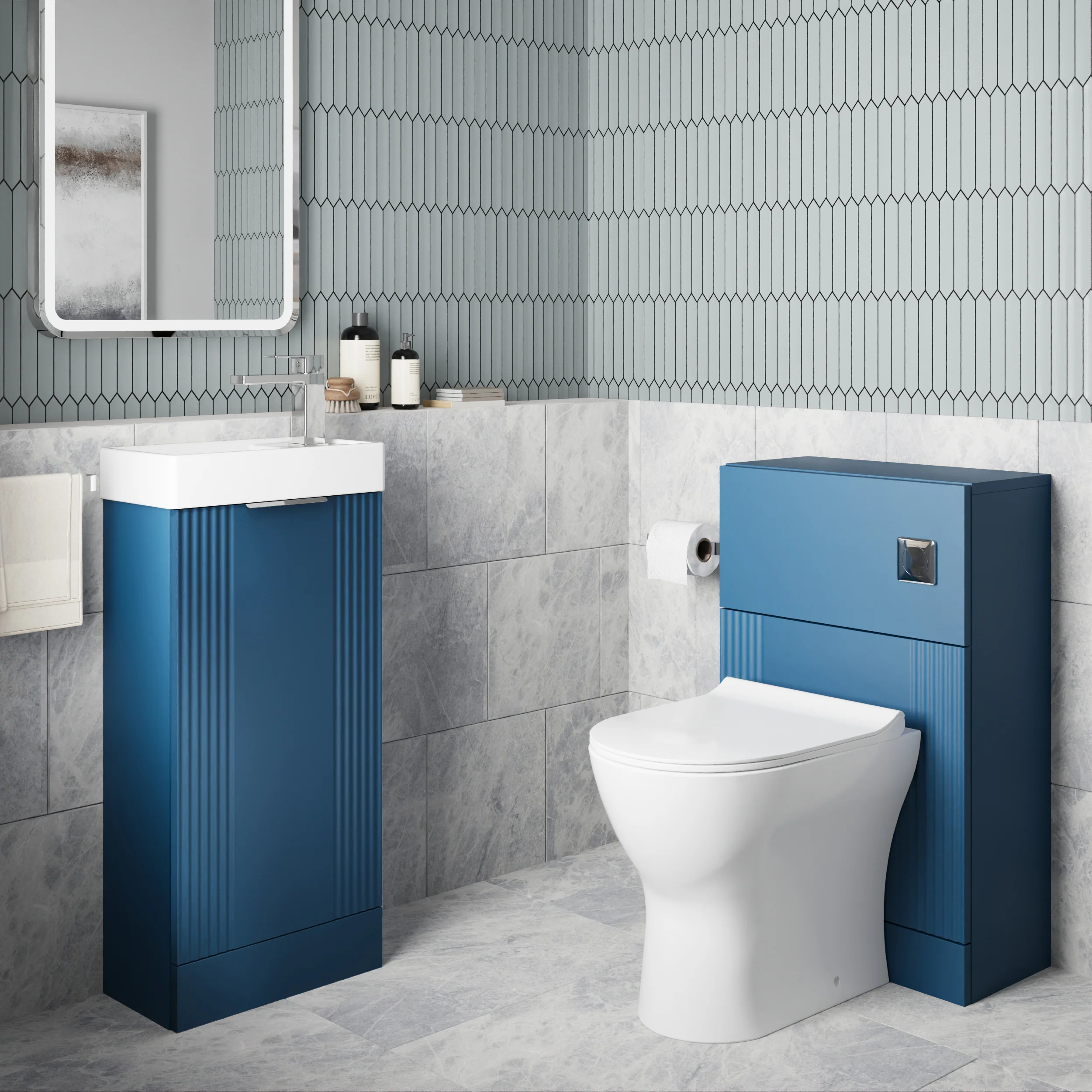 Deco Cloakroom Bathroom Suite - Satin Blue & Chrome Finishing - Image 2