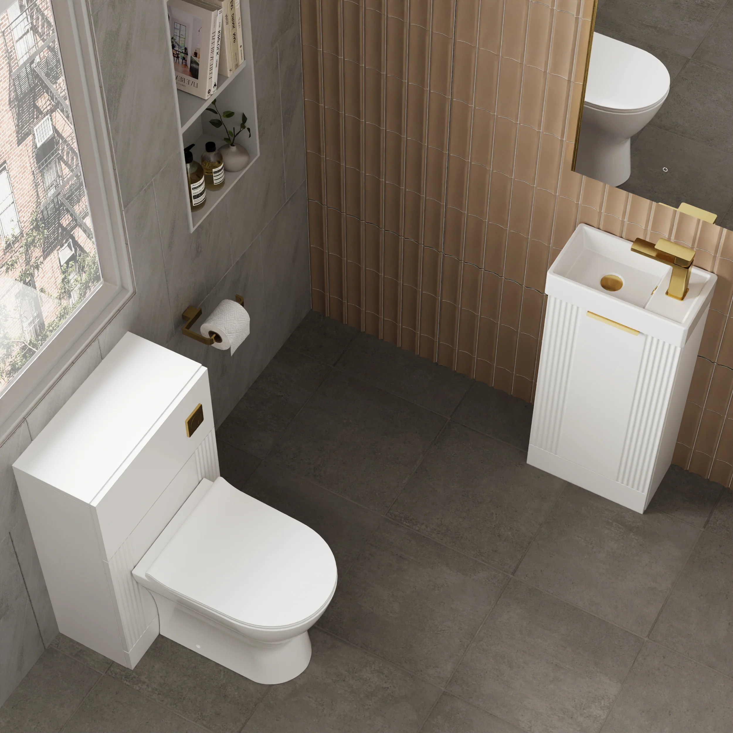 Deco Cloakroom Bathroom Suite - Satin White & Brushed Brass Finishing - Image 2
