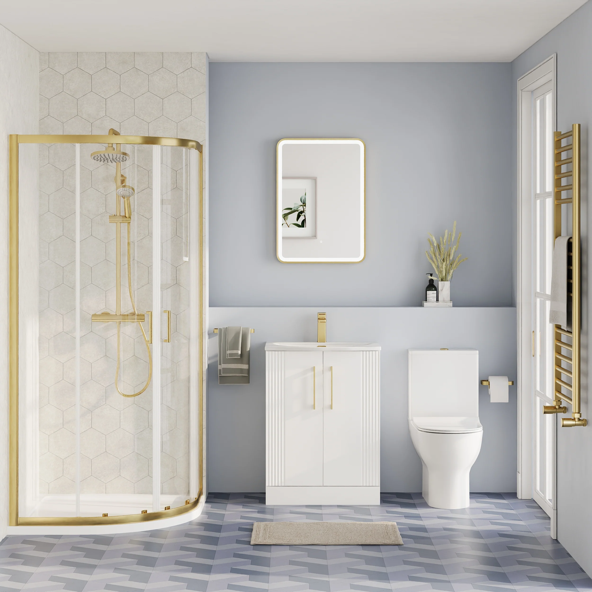 Deco Curved 500mm Satin White Vanity & Brushed Brass Offset Quadrant Shower Enclosure Bathroom Suite - Image 2