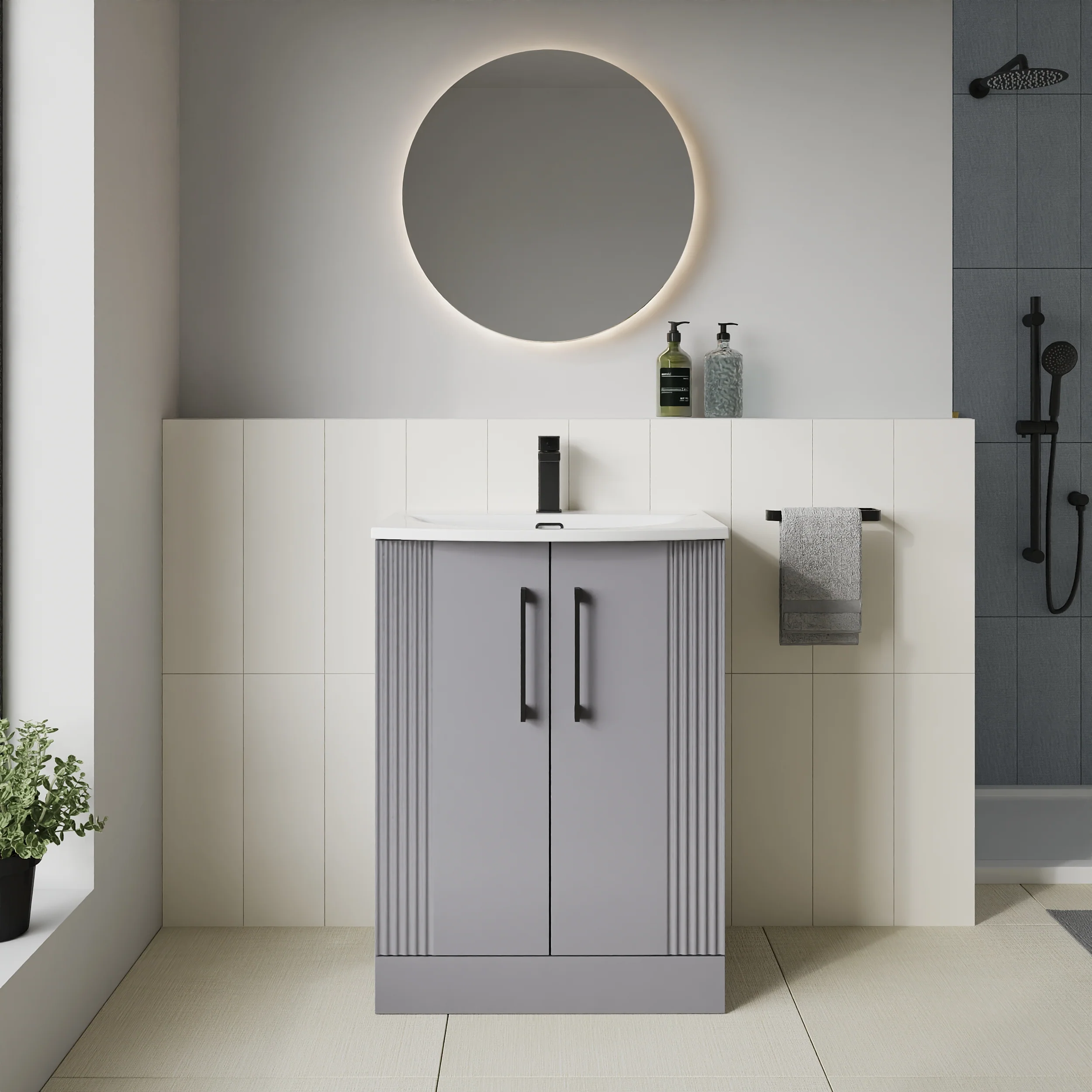 Deco Curved 500mm Cloakroom Bathroom Suite - Satin Grey & Black handle - Image 3
