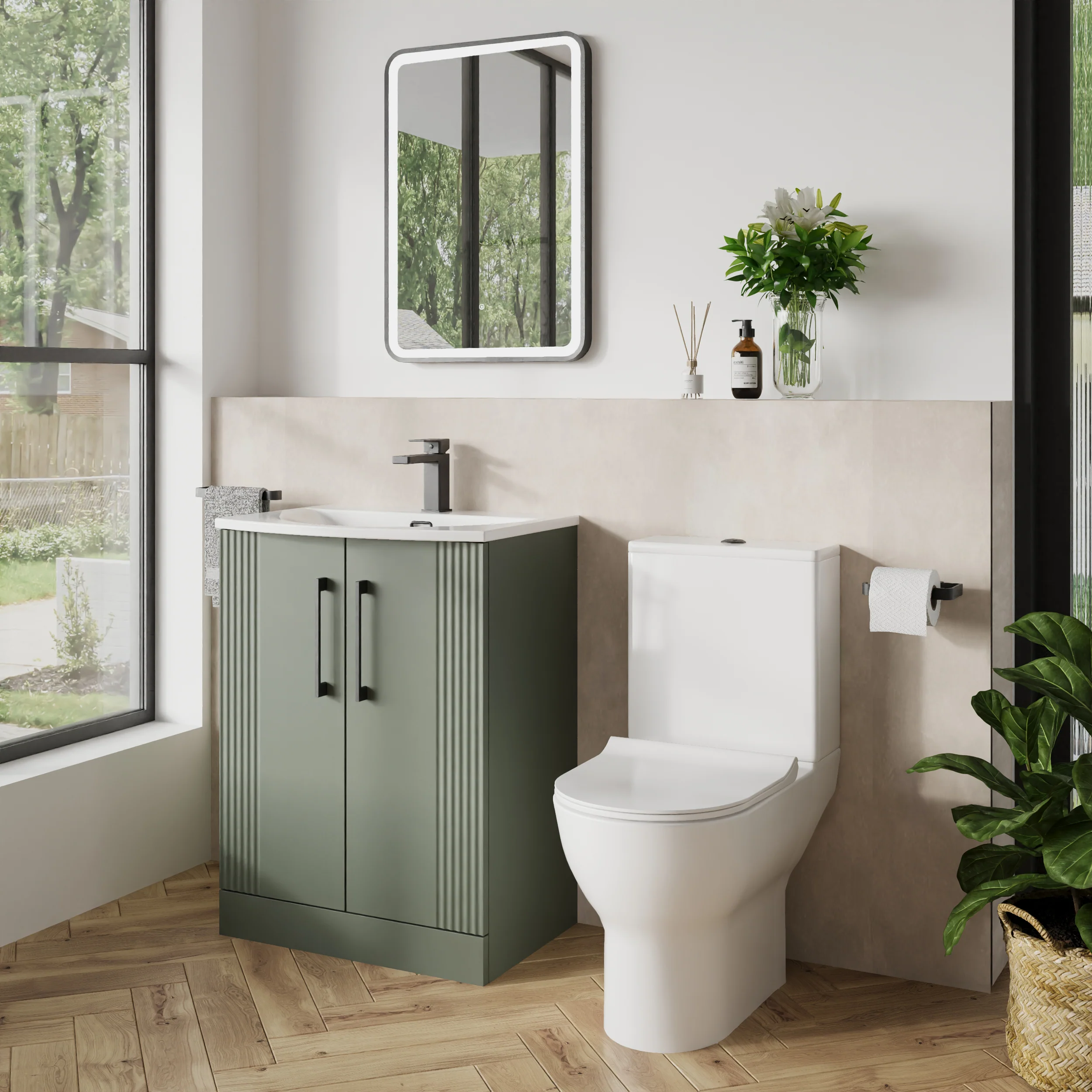 Deco Curved 500mm Cloakroom Bathroom Suite - Satin Green & Black handle
