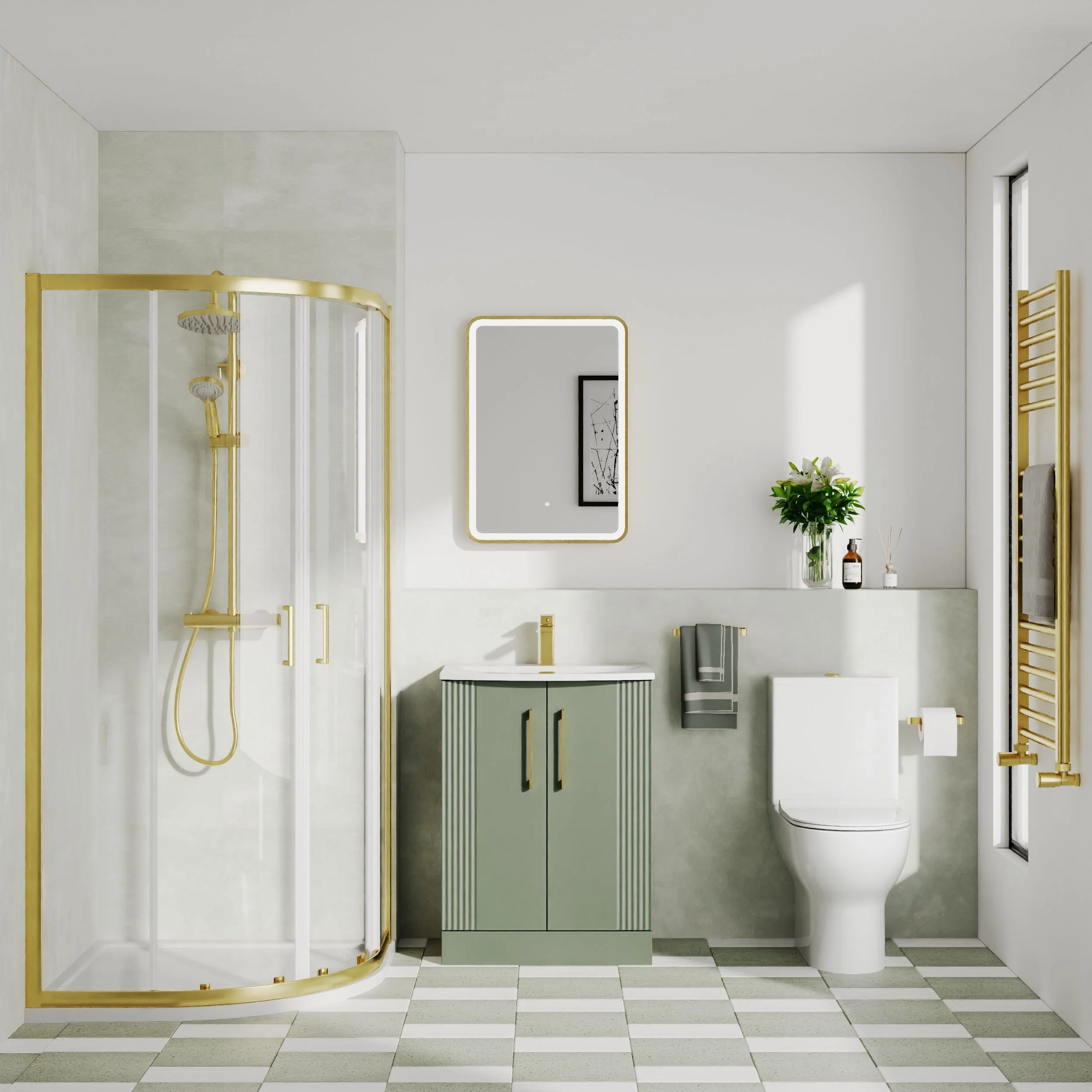 Deco Curved 500mm Satin Green Vanity & Brushed Brass Offset Quadrant Shower Enclosure Bathroom Suite - Image 2