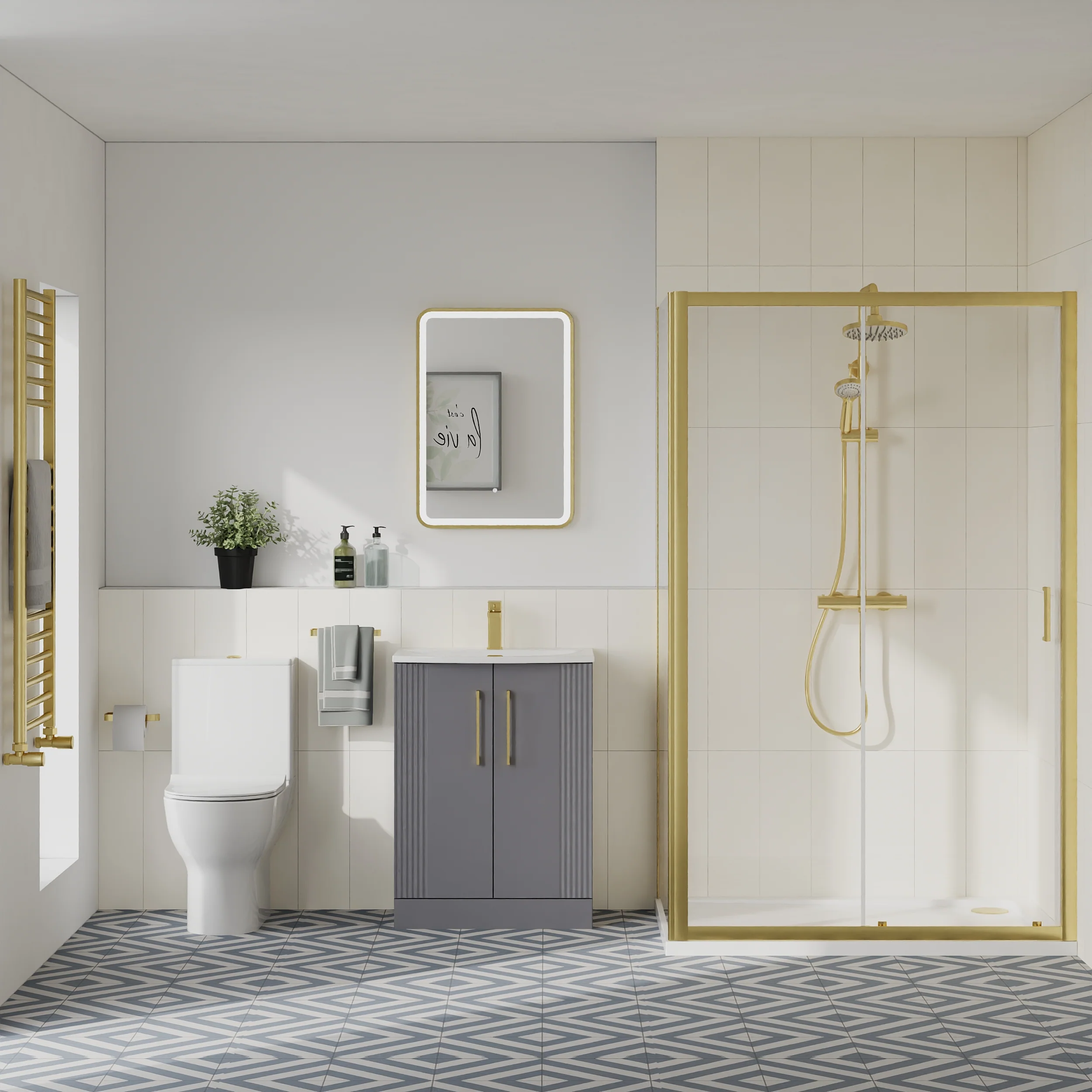 Deco Curved 600mm Satin Grey Vanity & Brushed Brass Rectangle Shower Enclosure Bathroom Suite