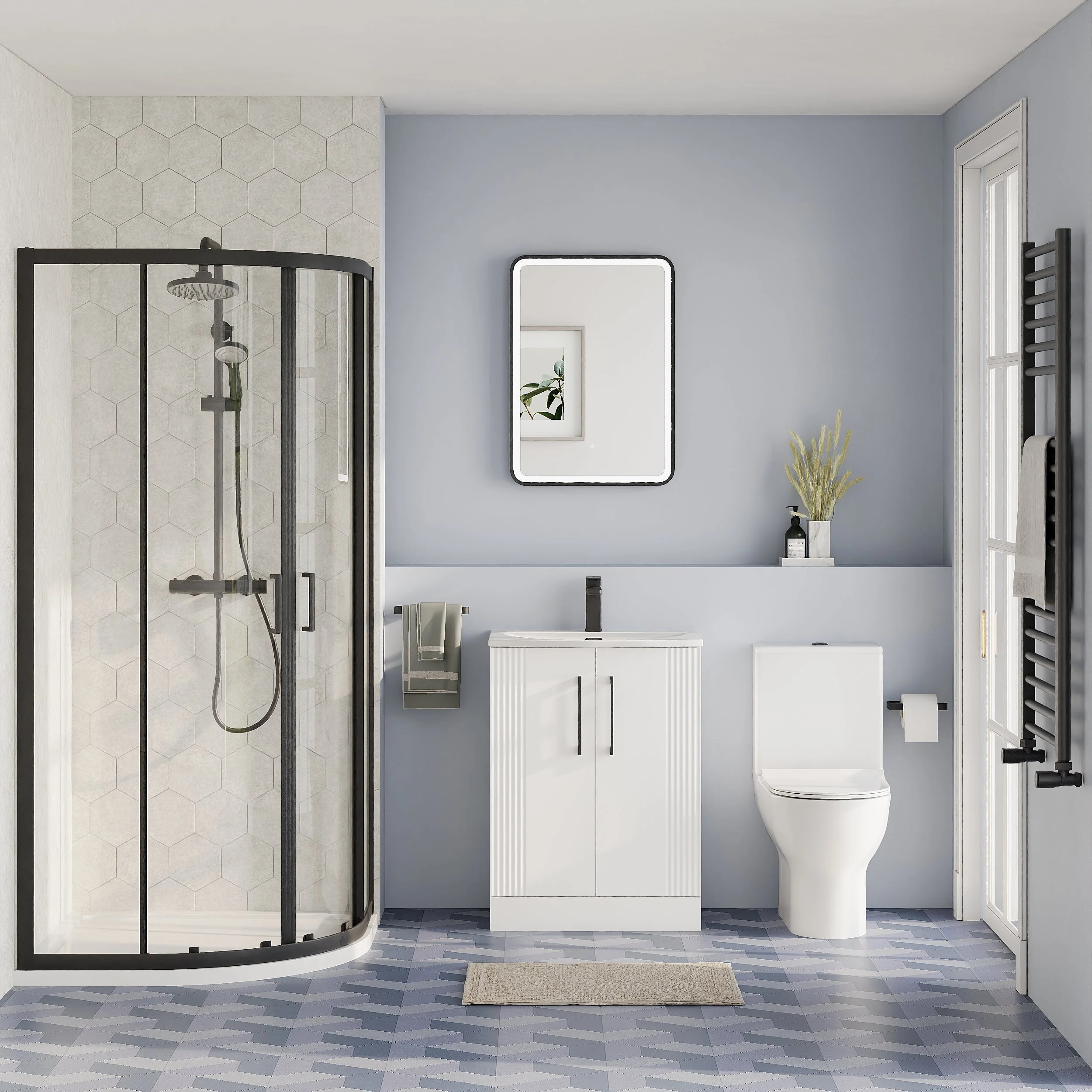 Deco Curved 600mm Satin White Vanity & Black Offset Quadrant Shower Enclosure Bathroom Suite - Image 2