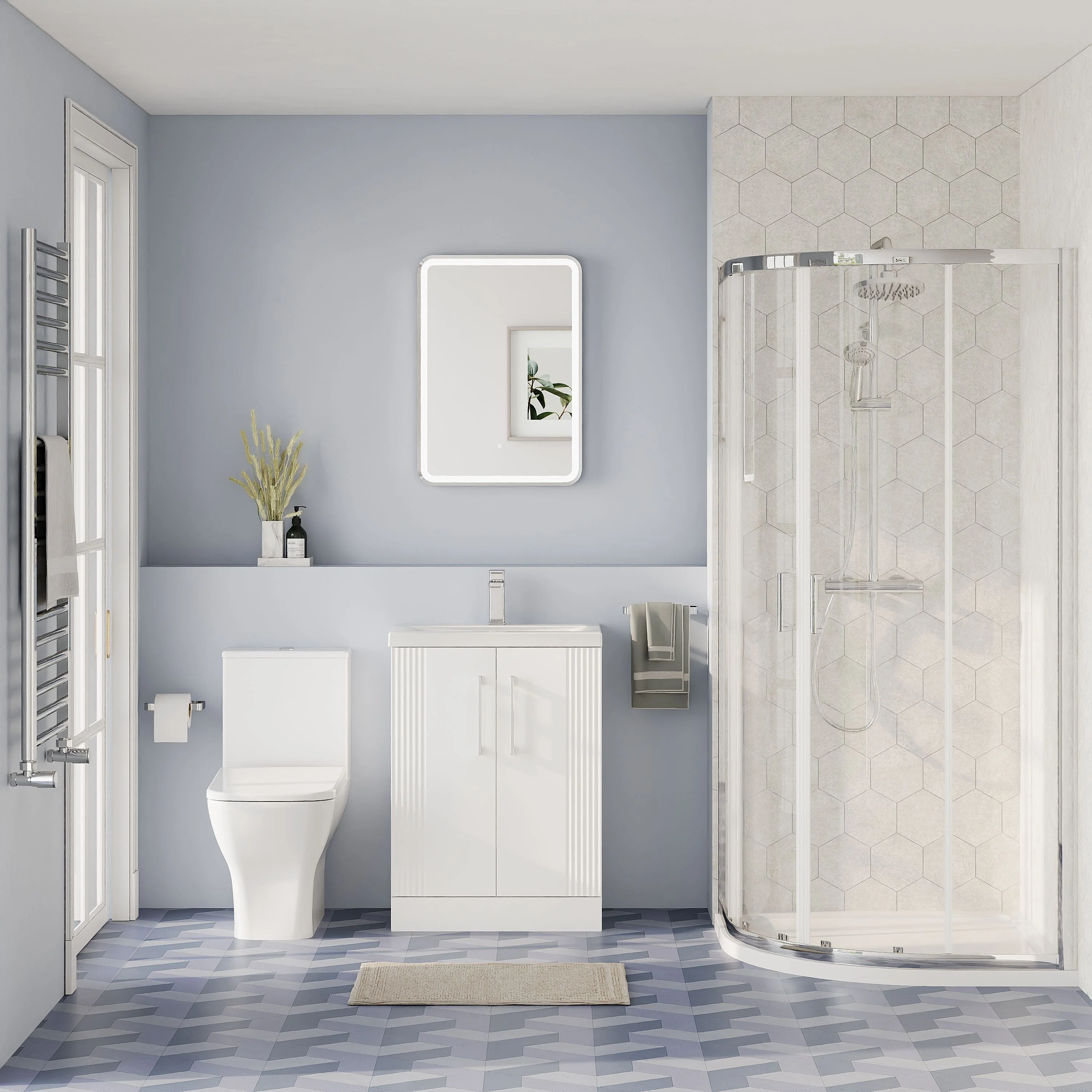 Deco Squared 600mm Satin White Vanity & Chrome Offset Quadrant Shower Enclosure Bathroom Suite - Image 2