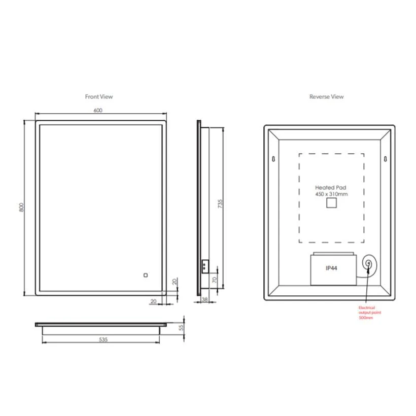 DesignCo Lyra 600mm Rectangular Illuminated LED Mirror - Image 3