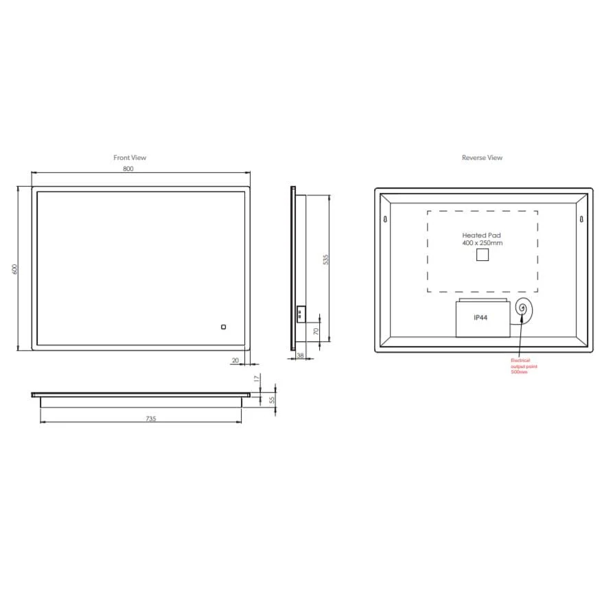 DesignCo Lyra 800mm Rectangular Illuminated LED Mirror - Image 4