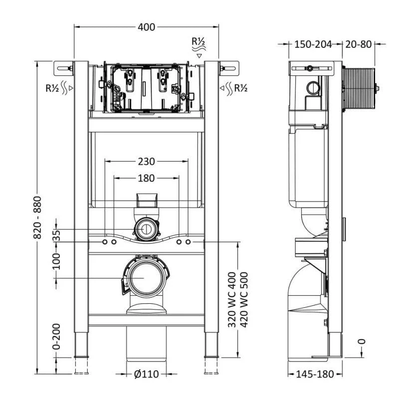 Duo Mid-Height Wall Hung Toilet Frame with Dual Flush Concealed Cistern - Square Flush Plate - Image 2