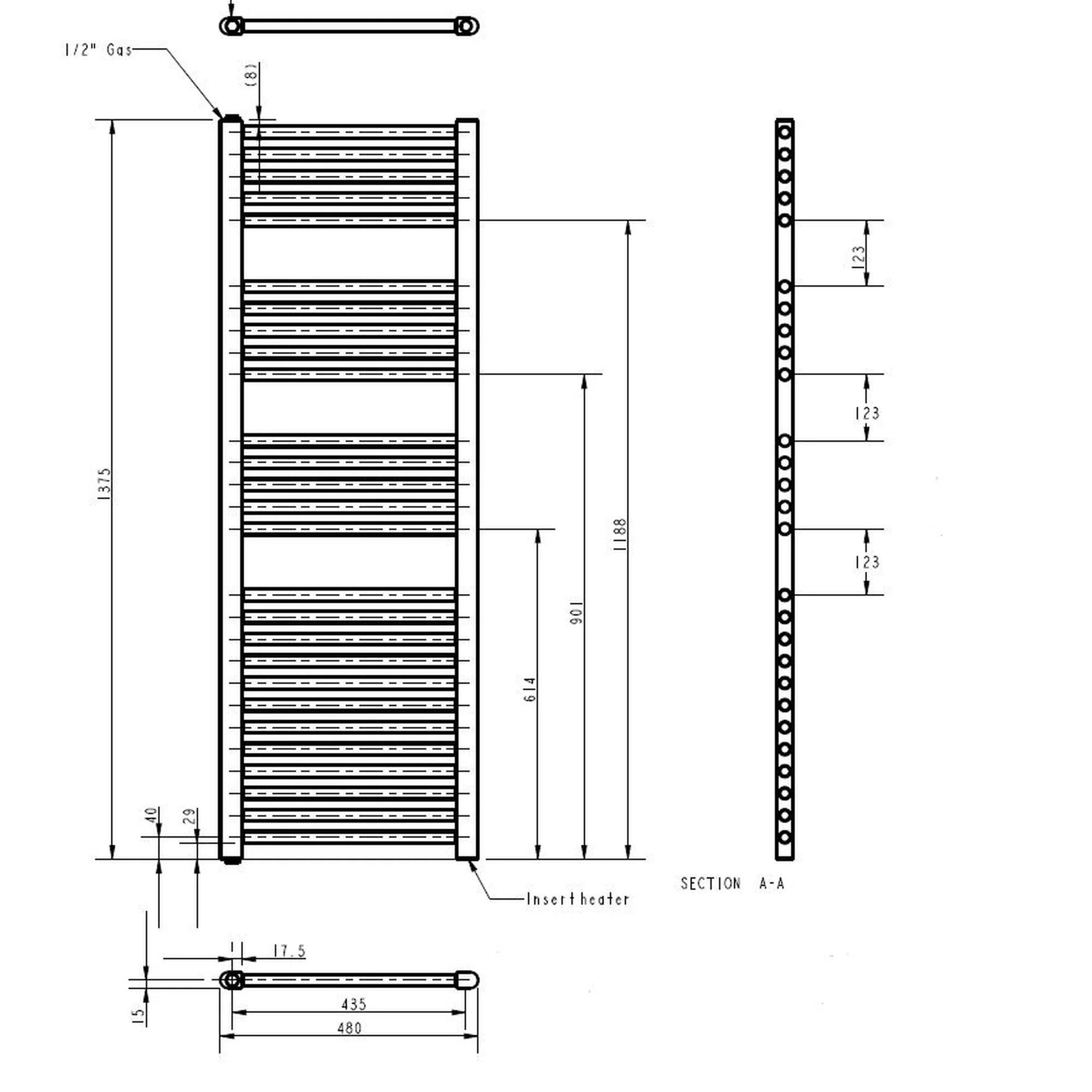 Electric Only Heated Towel Rail 1375mm H x 480mm W - Anthracite - Image 3