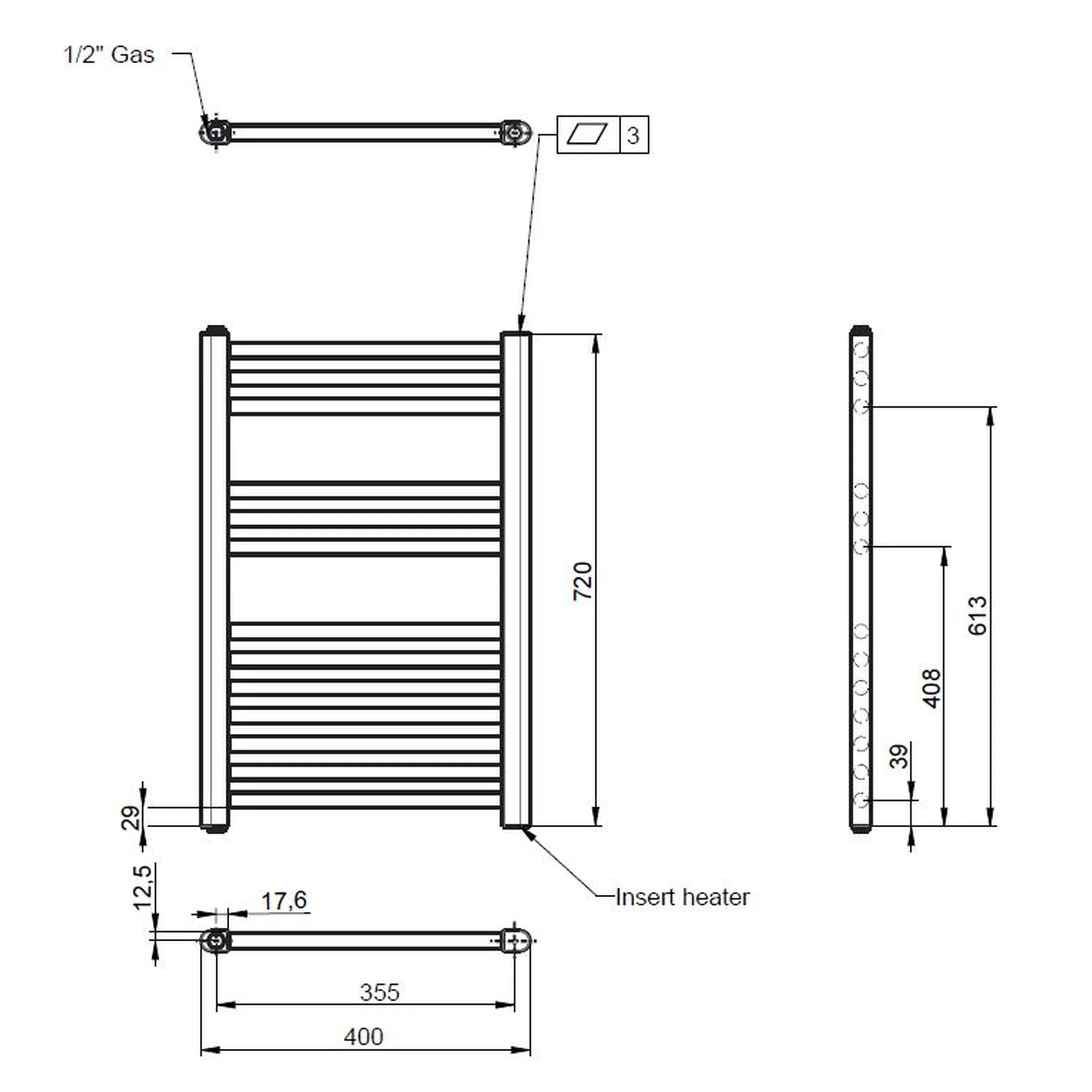 Electric Only Heated Towel Rail 720mm H x 400mm W - White - Image 3