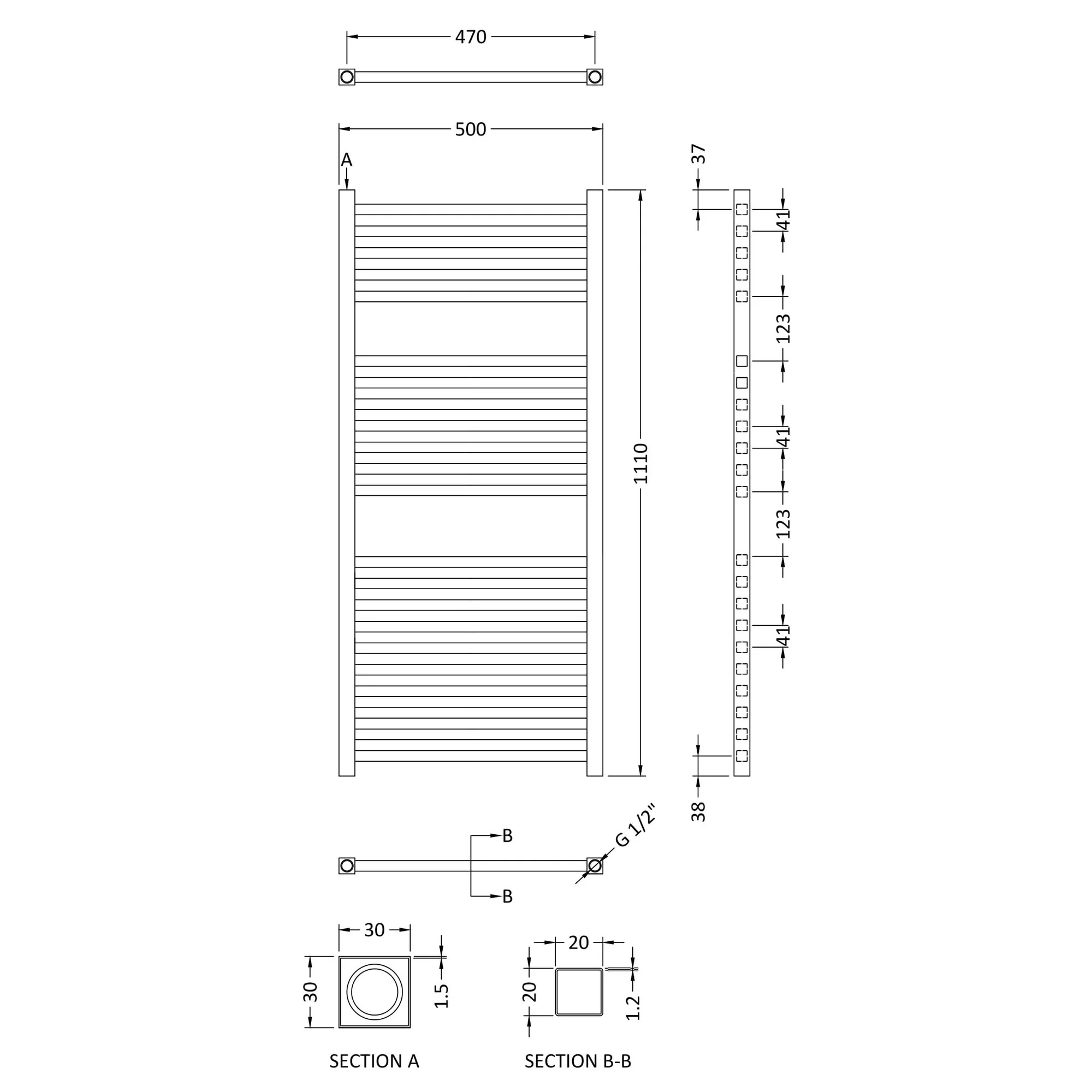 Electric Only Square Heated Towel Rail 1100mm H x 500mm W - Chrome - Image 3