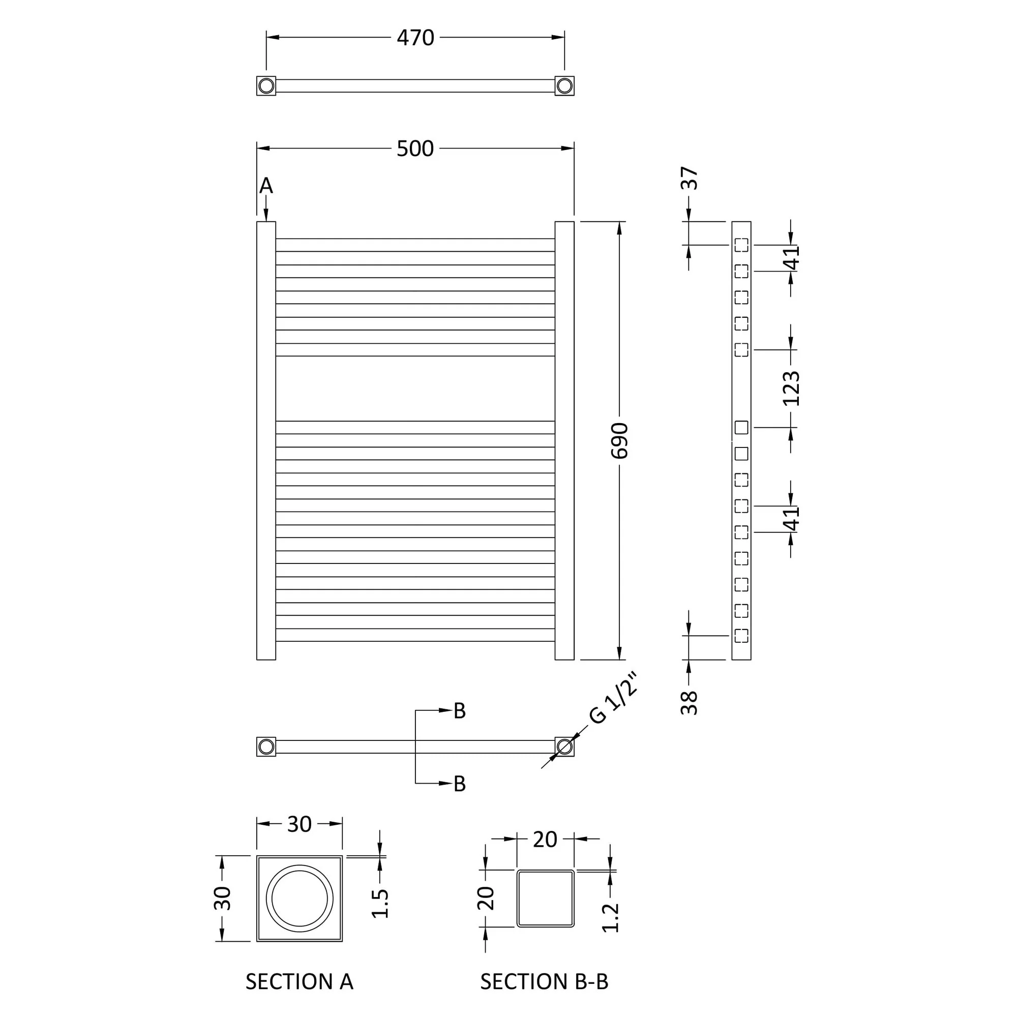 Electric Only Square Heated Towel Rail 690mm H x 500mm W - Anthracite - Image 3