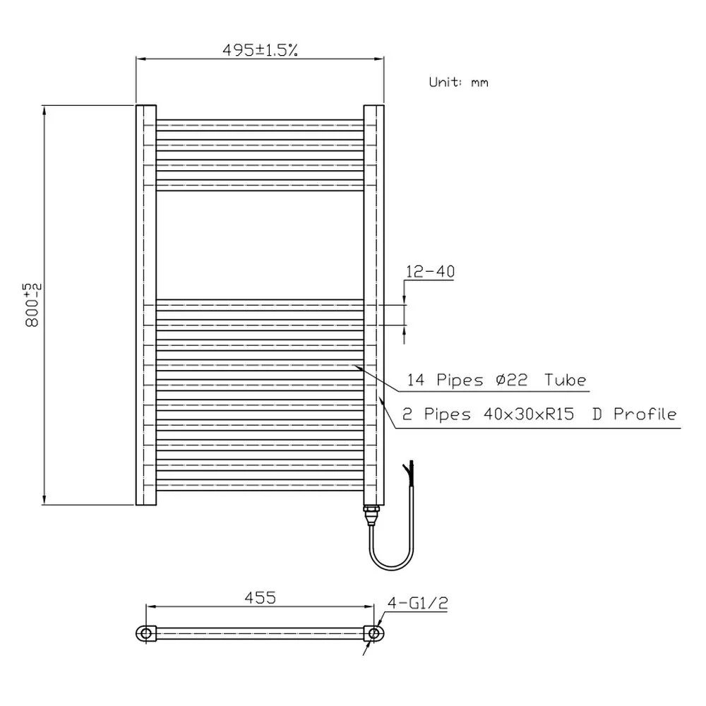 SDG Electric Straight Towel Rail Standard on/off 500 x 800mm - 150W - Image 2