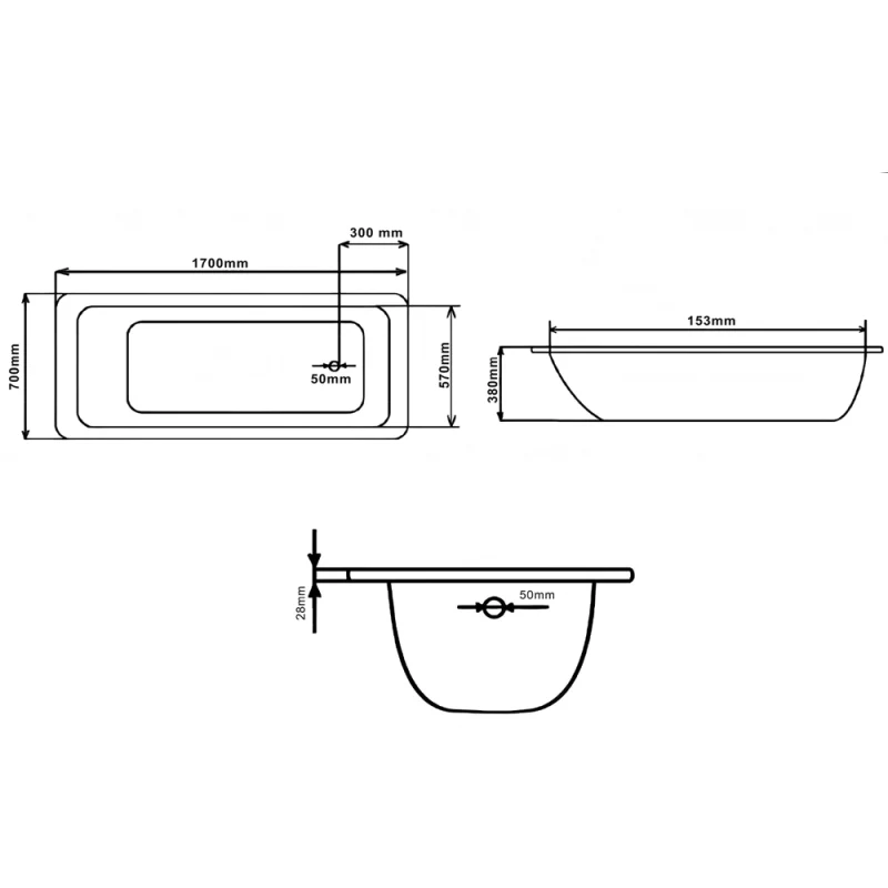 Elementa 1700mm Anti Slip Steel Bath - 2 tap holes - Image 2