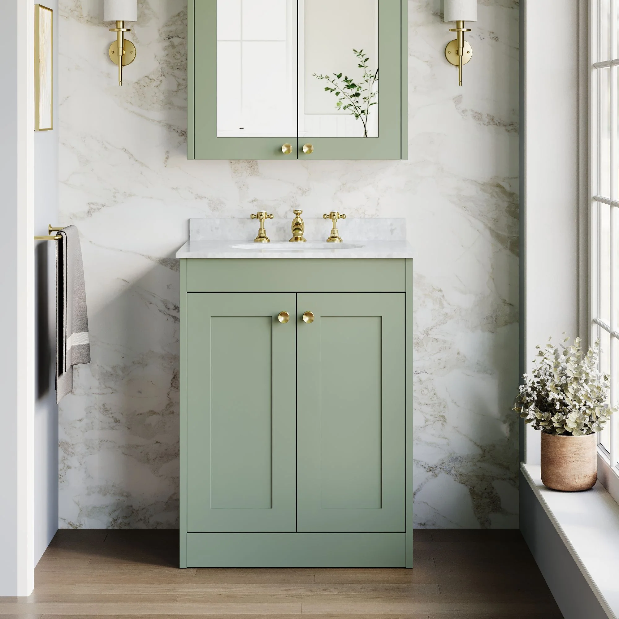 Farlow Shaker Floor Standing 600mm 2-Door Basin Vanity Unit - Satin Green - Image 26