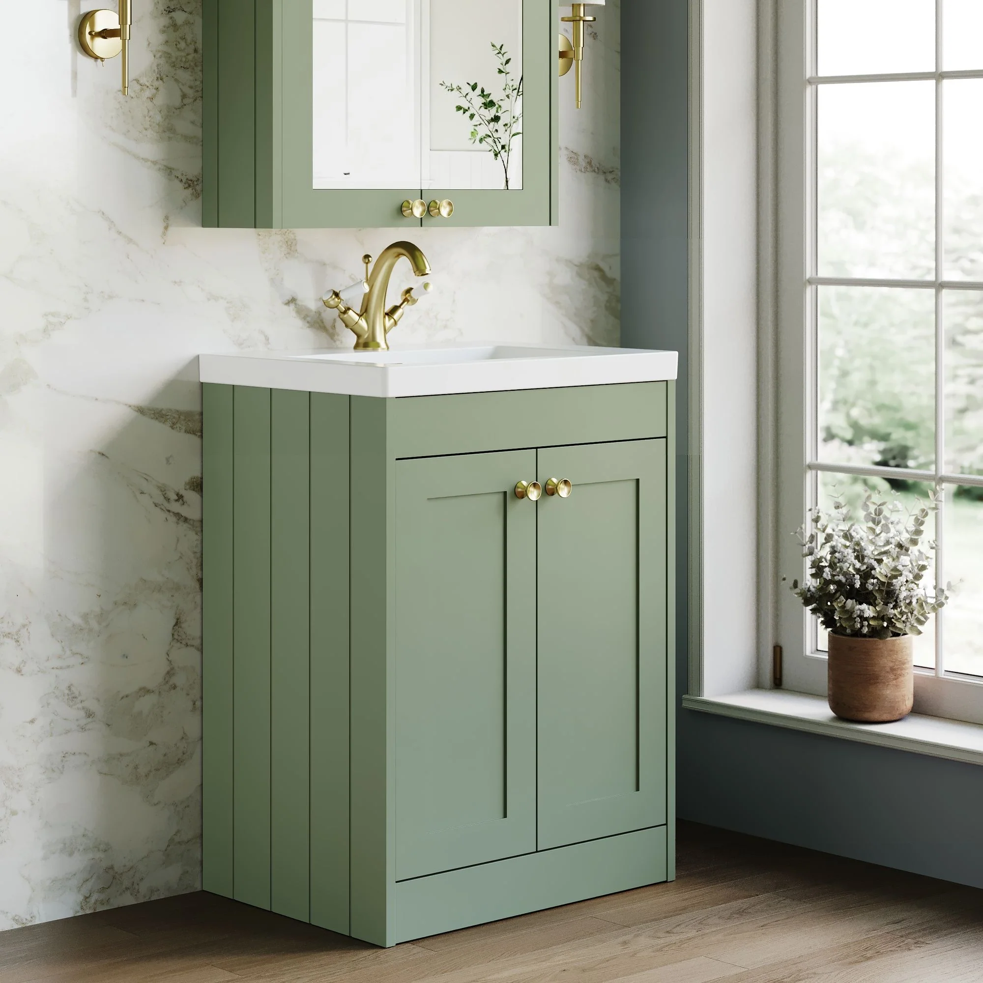 Farlow Shaker Floor Standing 600mm 2-Door Basin Vanity Unit - Satin Green - Image 9