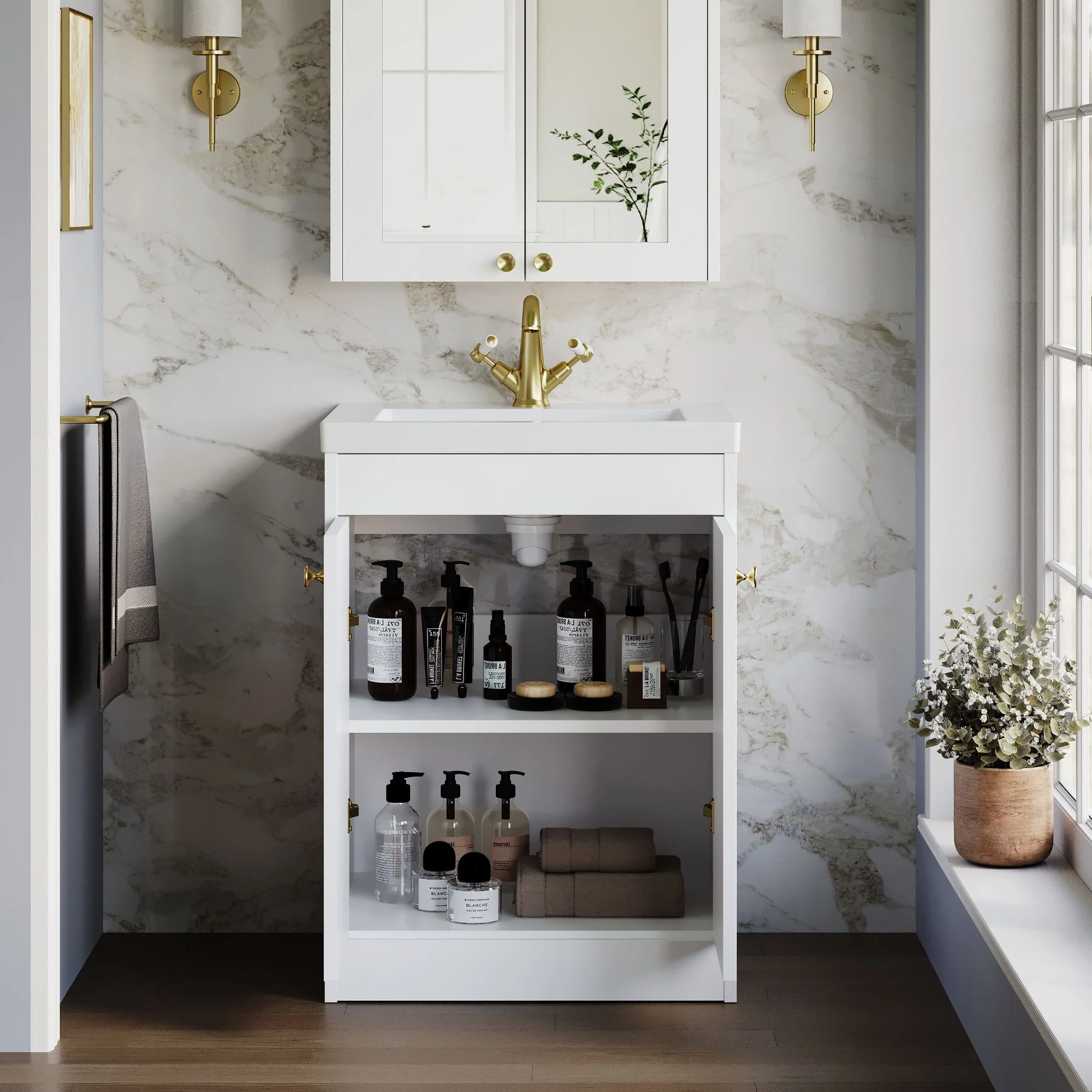 Farlow Shaker Floor Standing 600mm 2-Door Basin Vanity Unit - Satin White - Image 13