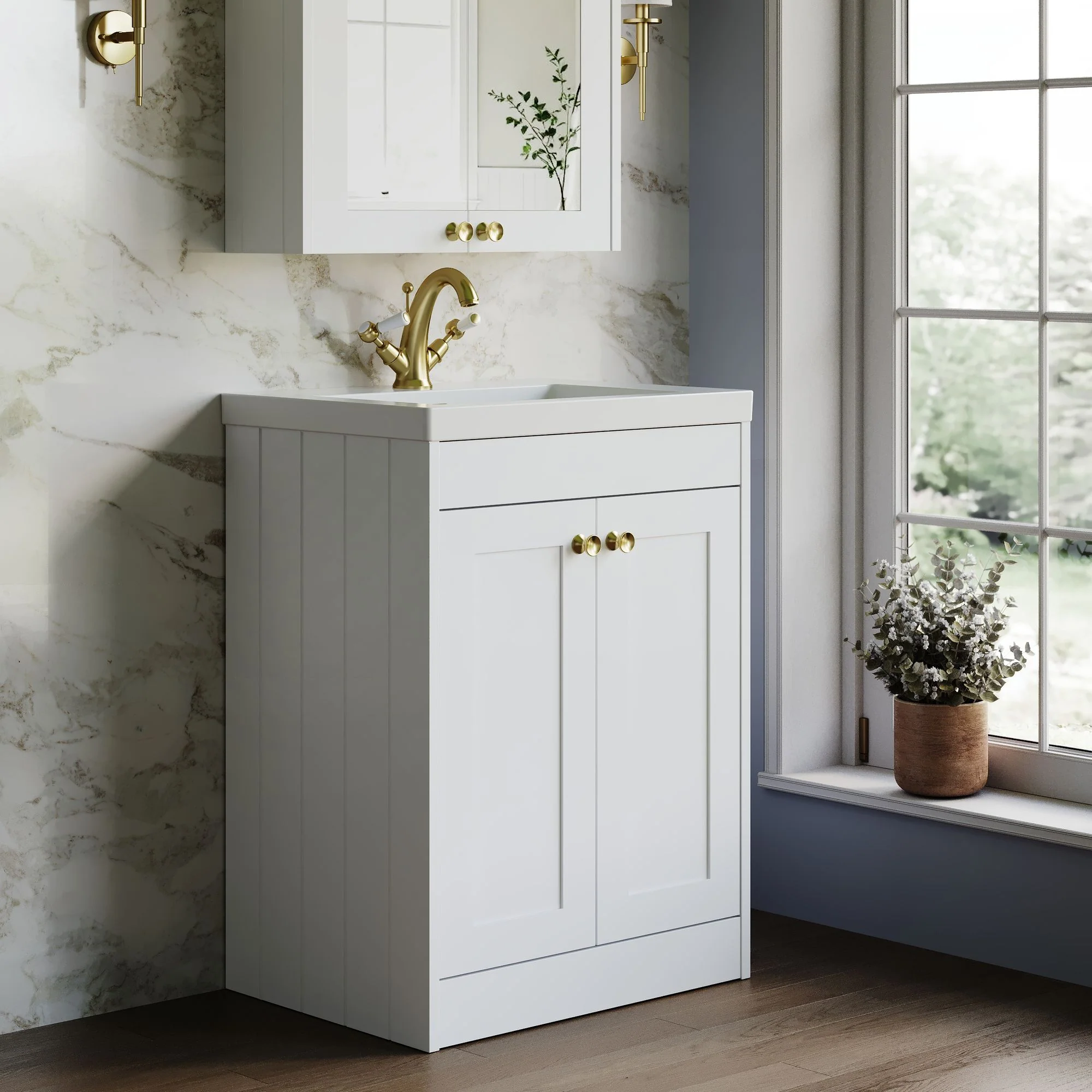 Farlow Shaker Floor Standing 600mm 2-Door Basin Vanity Unit - Satin White - Image 15