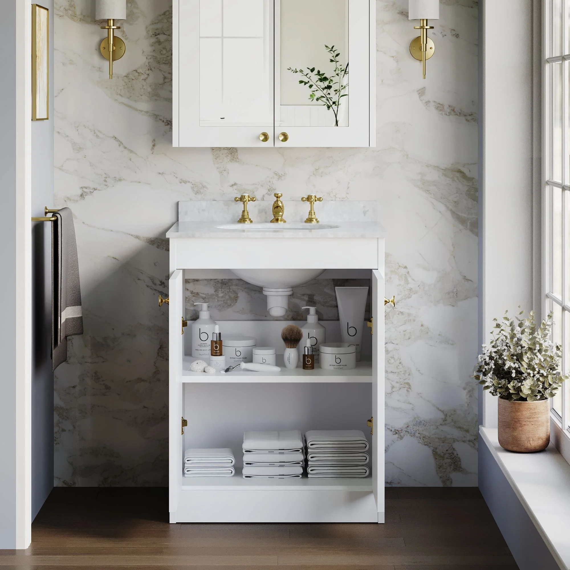 Farlow Shaker Floor Standing 600mm 2-Door Basin Vanity Unit - Satin White - Image 25