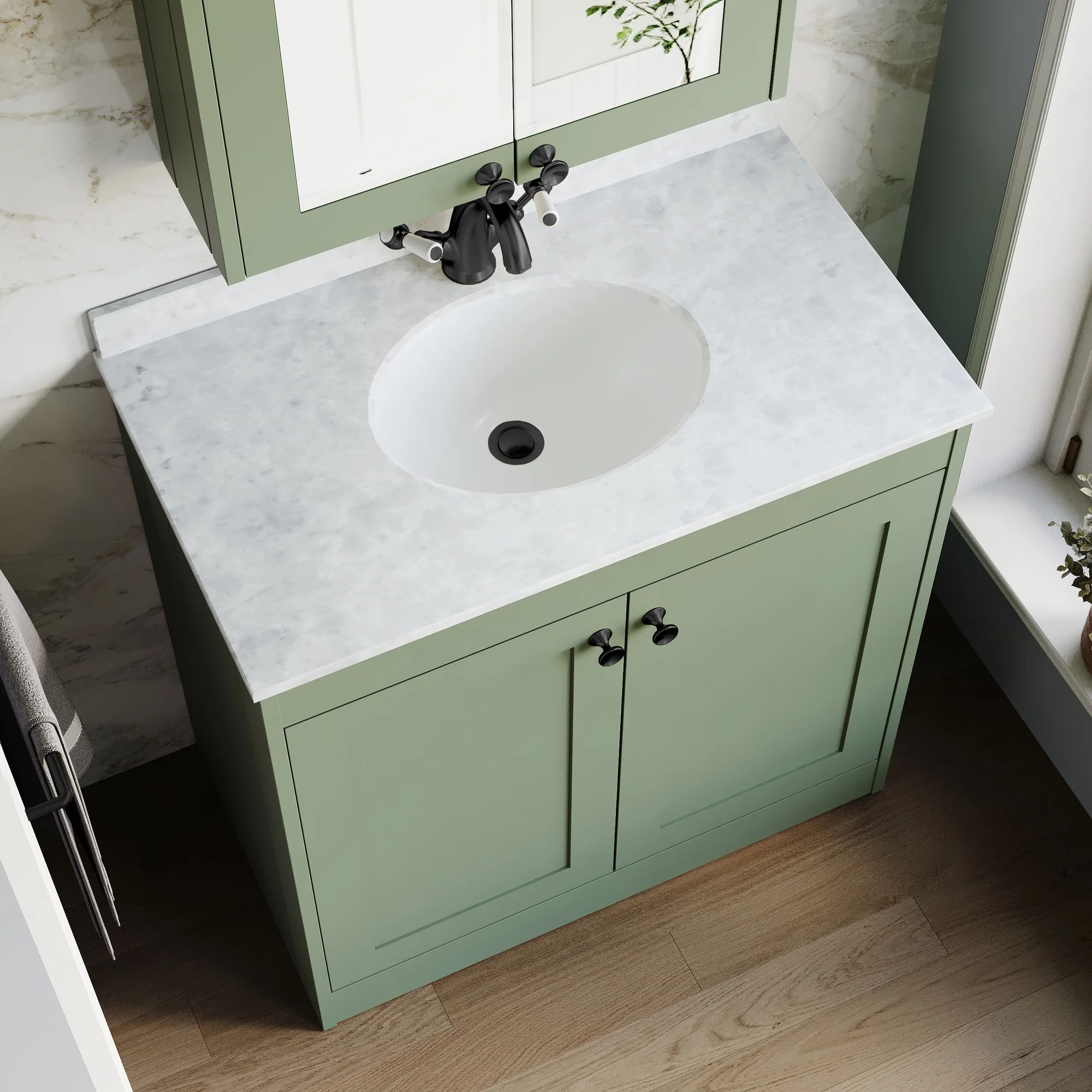 Farlow Shaker Floor Standing 800mm 2-Door Basin Vanity Unit - Satin Green - Image 11