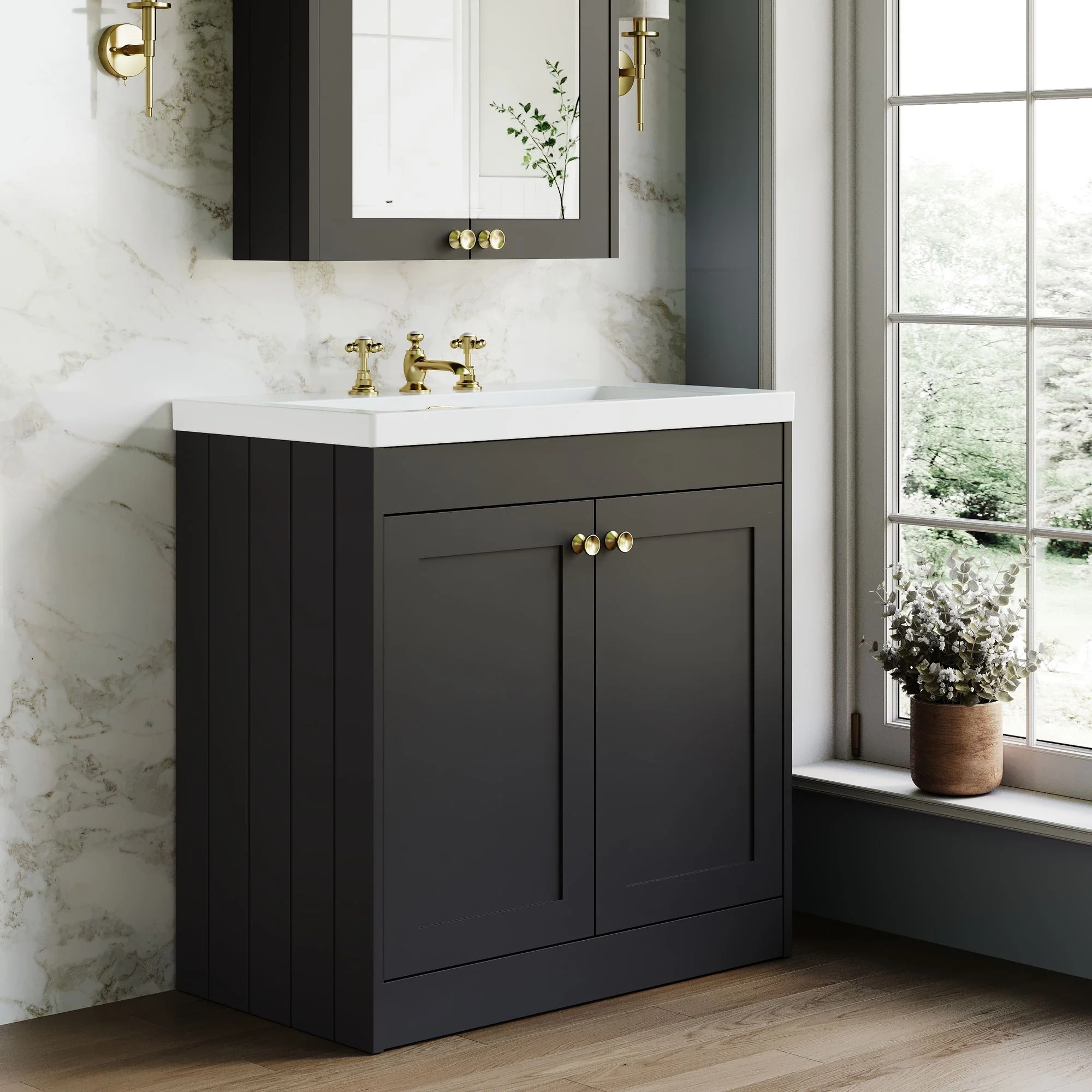 Farlow Shaker Floor Standing 800mm 2-Door Basin Vanity Unit - Satin Soft Black - Image 24