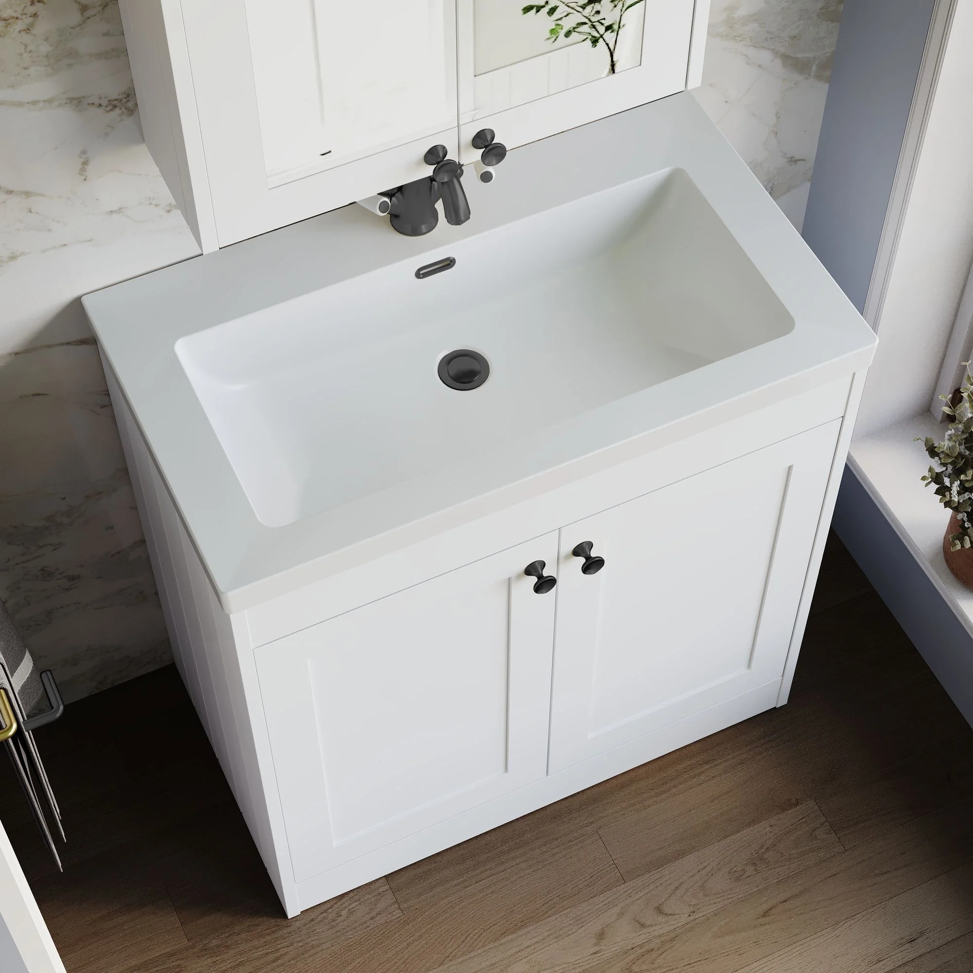 Farlow Shaker Floor Standing 800mm 2-Door Basin Vanity Unit - Satin White - Image 5