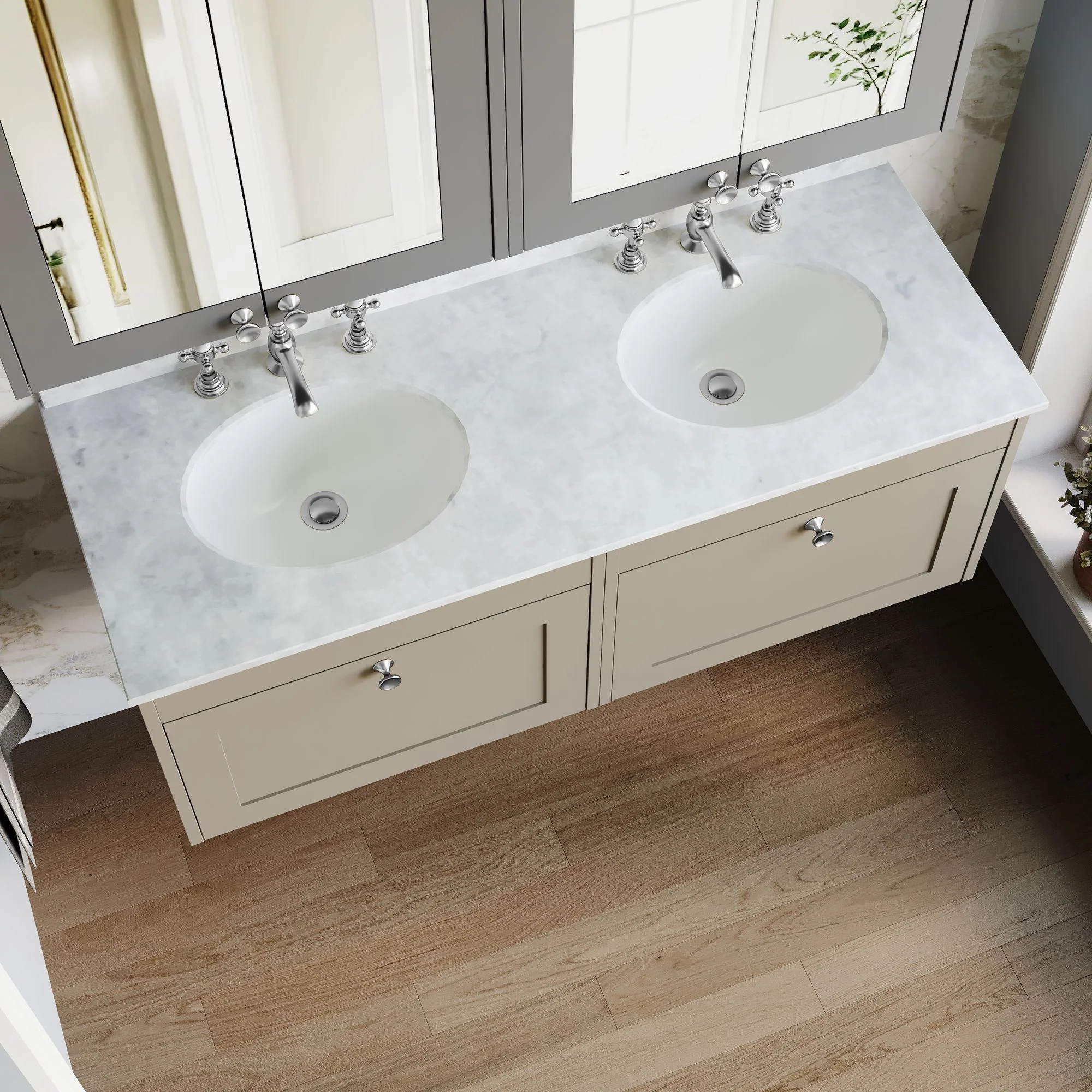 Farlow Shaker Wall Mounted 1200mm 2-Drawer Basin Vanity Unit - Pebble Grey - Image 4