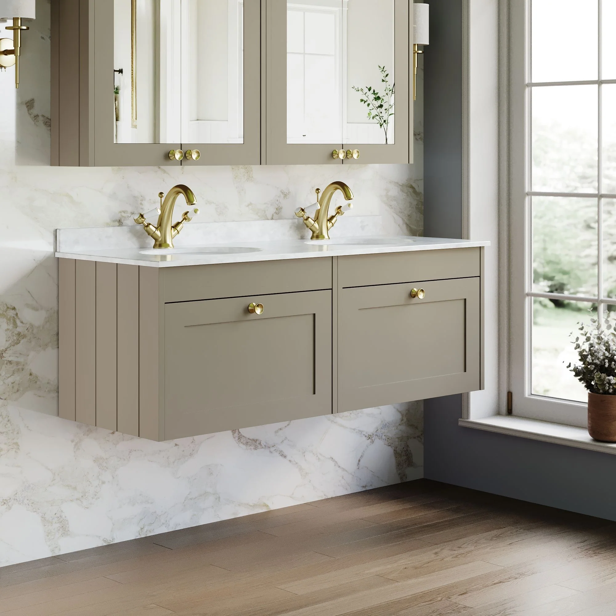 Farlow Shaker Wall Mounted 1200mm 2-Drawer Basin Vanity Unit - Pebble Grey - Image 8