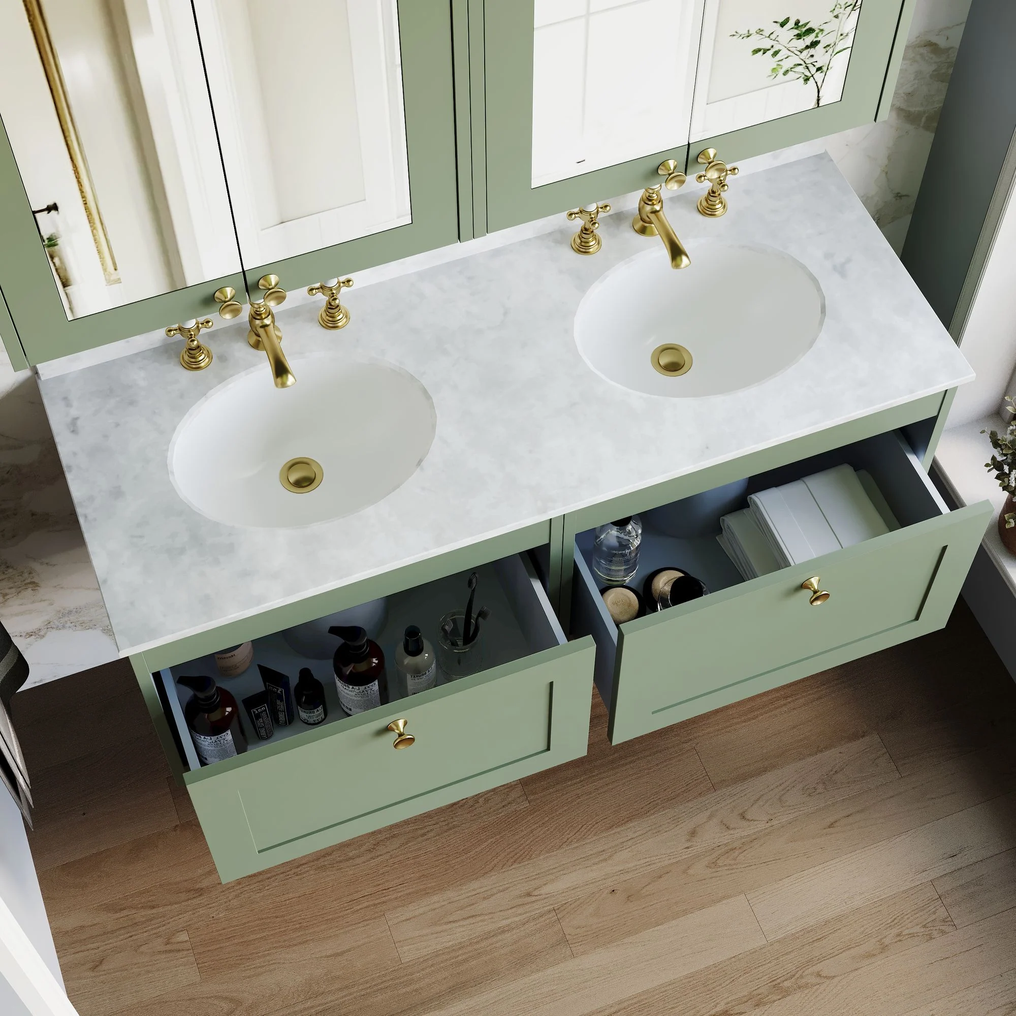 Farlow Shaker Wall Mounted 1200mm 2-Drawer Basin Vanity Unit - Satin Green - Image 11