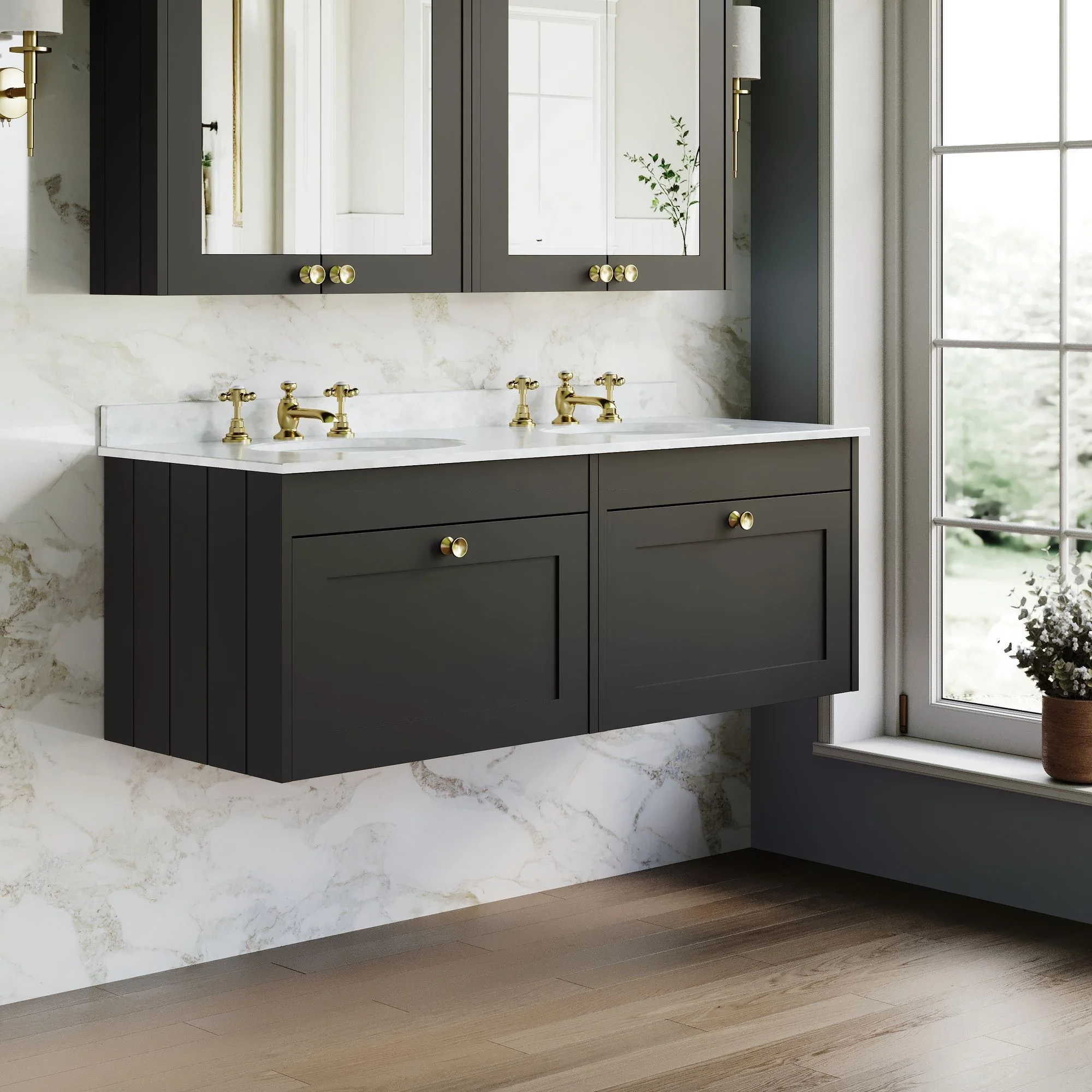 Farlow Shaker Wall Mounted 1200mm 2-Drawer Basin Vanity Unit - Satin Soft Black