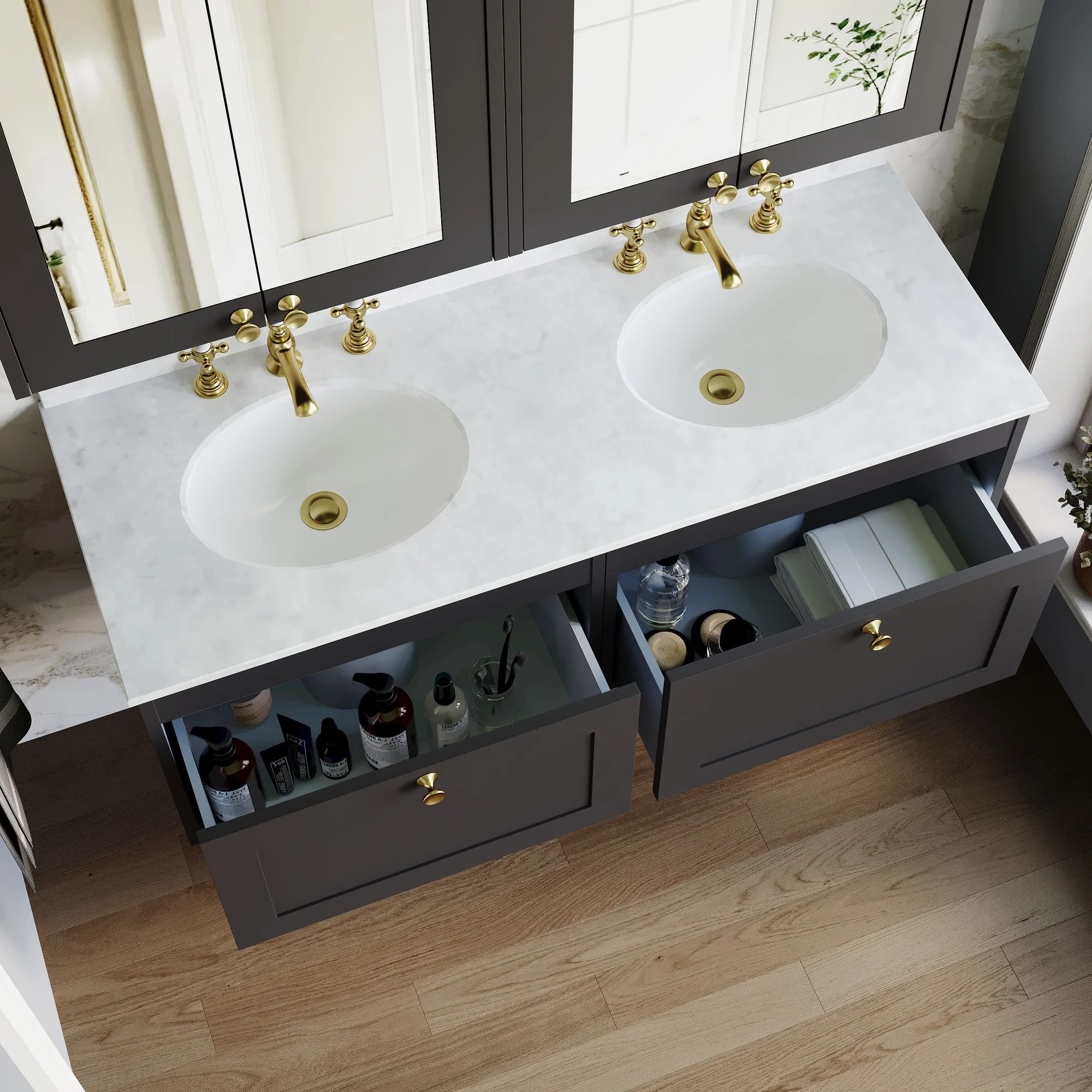 Farlow Shaker Wall Mounted 1200mm 2-Drawer Basin Vanity Unit - Satin Soft Black - Image 8