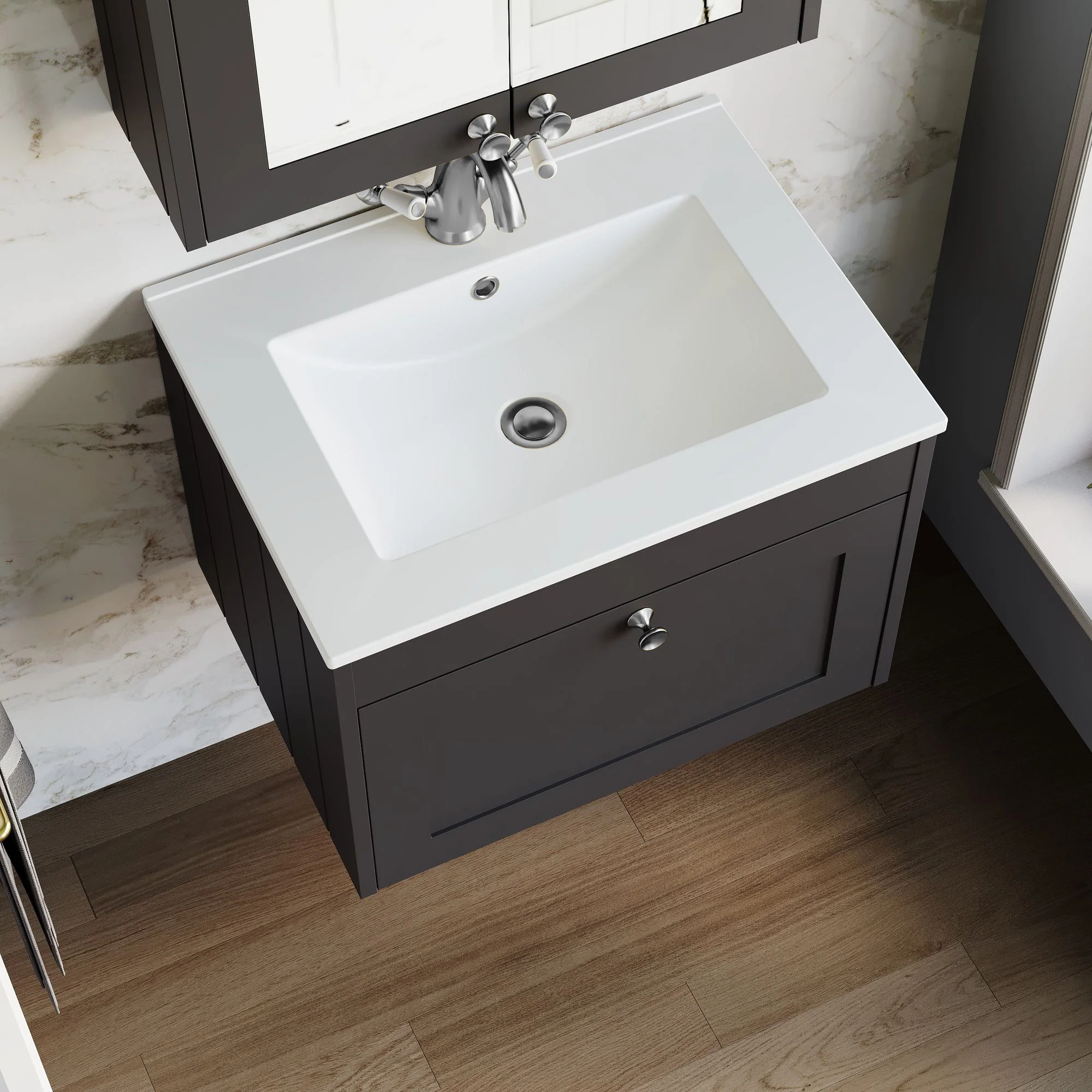 Farlow Shaker Wall Mounted 600mm 1-Drawer Basin Vanity Unit - Satin Soft Black - Image 6