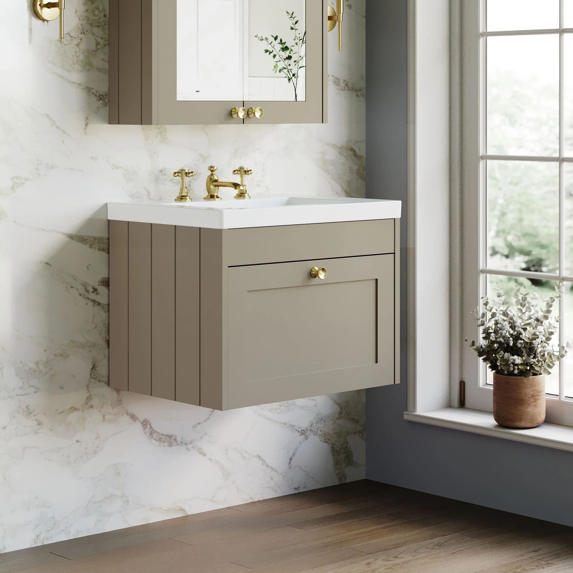 Farlow Shaker Wall Mounted 600mm 1-Drawer Basin Vanity Unit - Pebble Grey - Image 15