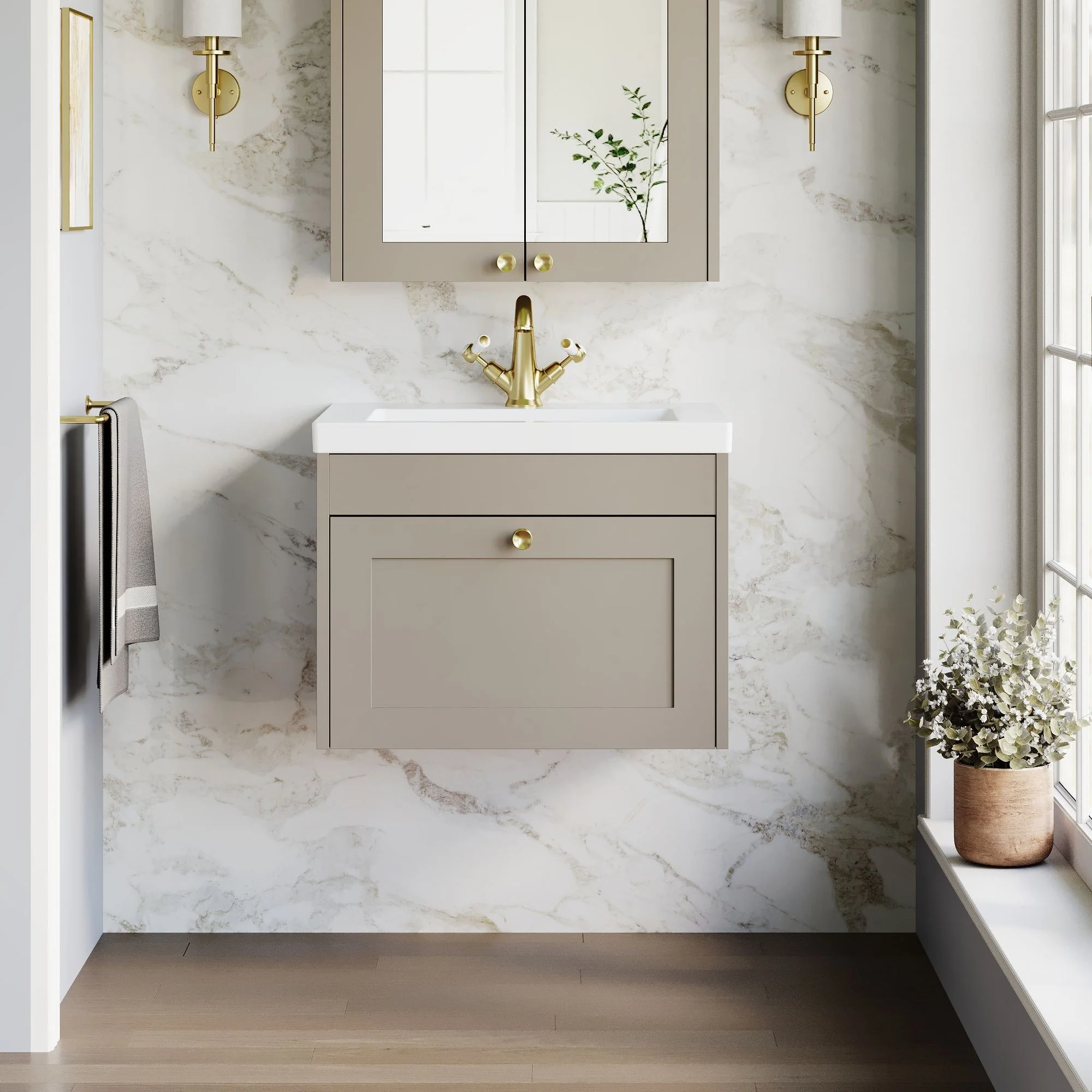 Farlow Shaker Wall Mounted 600mm 1-Drawer Basin Vanity Unit - Pebble Grey - Image 8
