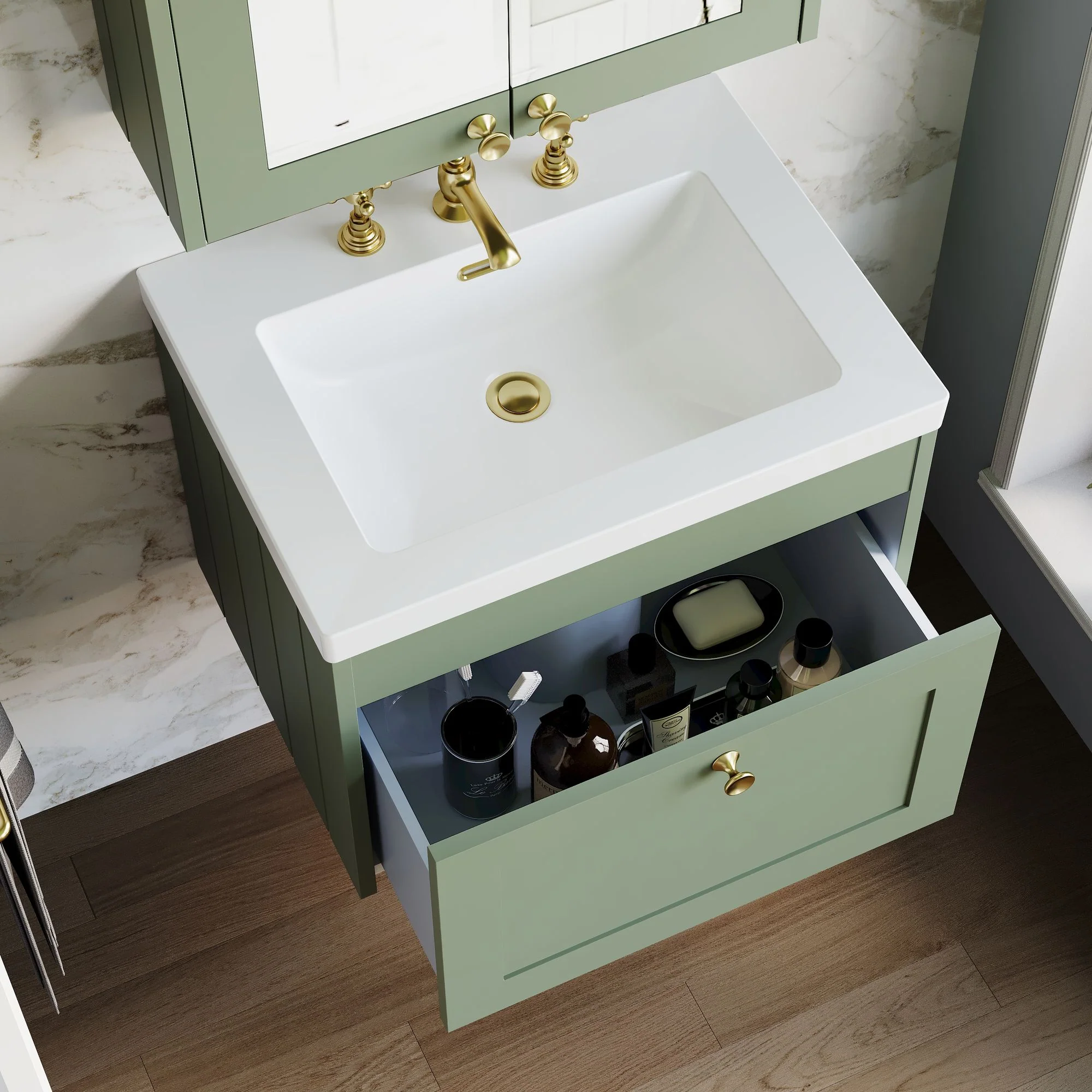 Farlow Shaker Wall Mounted 600mm 1-Drawer Basin Vanity Unit - Satin Green - Image 13