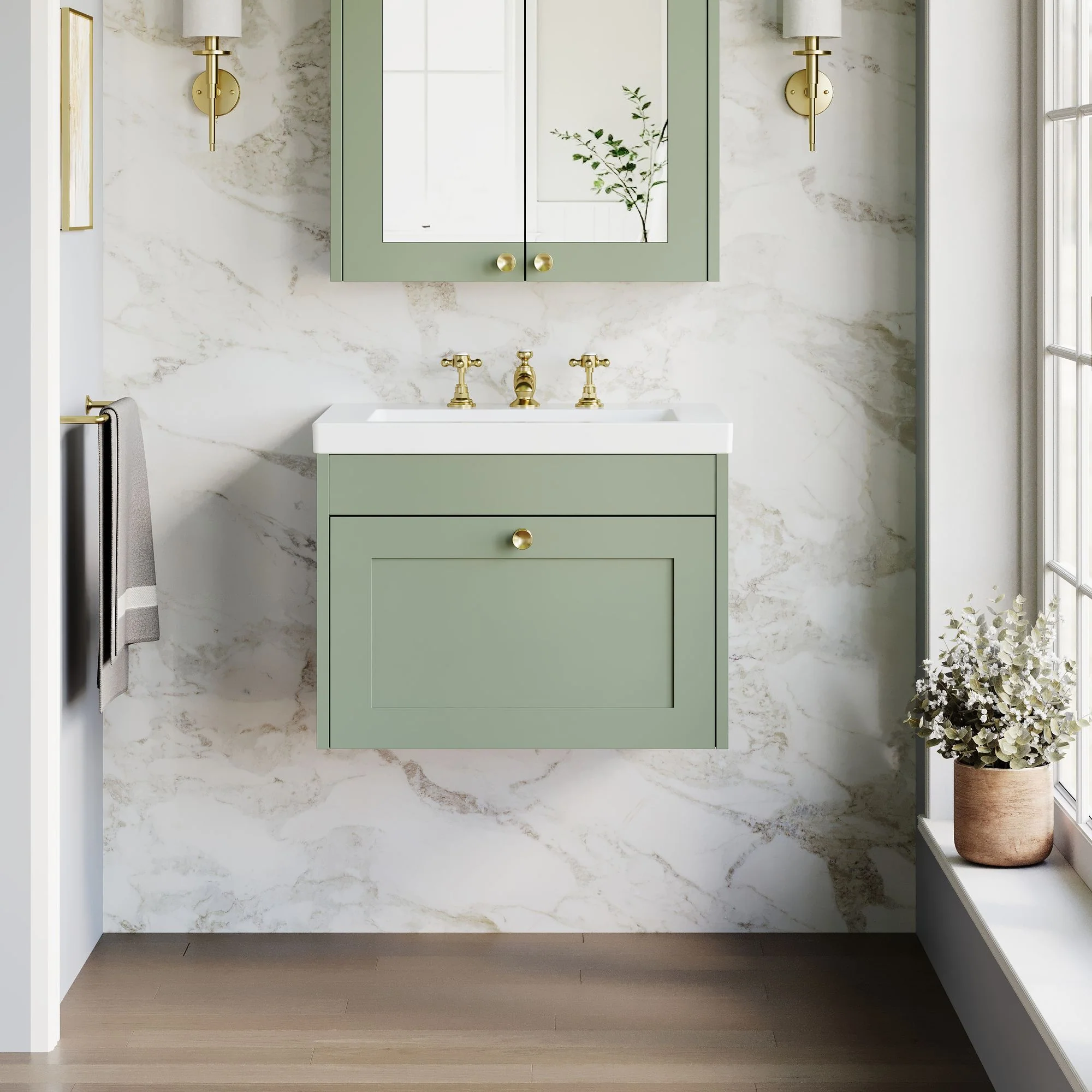 Farlow Shaker Wall Mounted 600mm 1-Drawer Basin Vanity Unit - Satin Green - Image 14