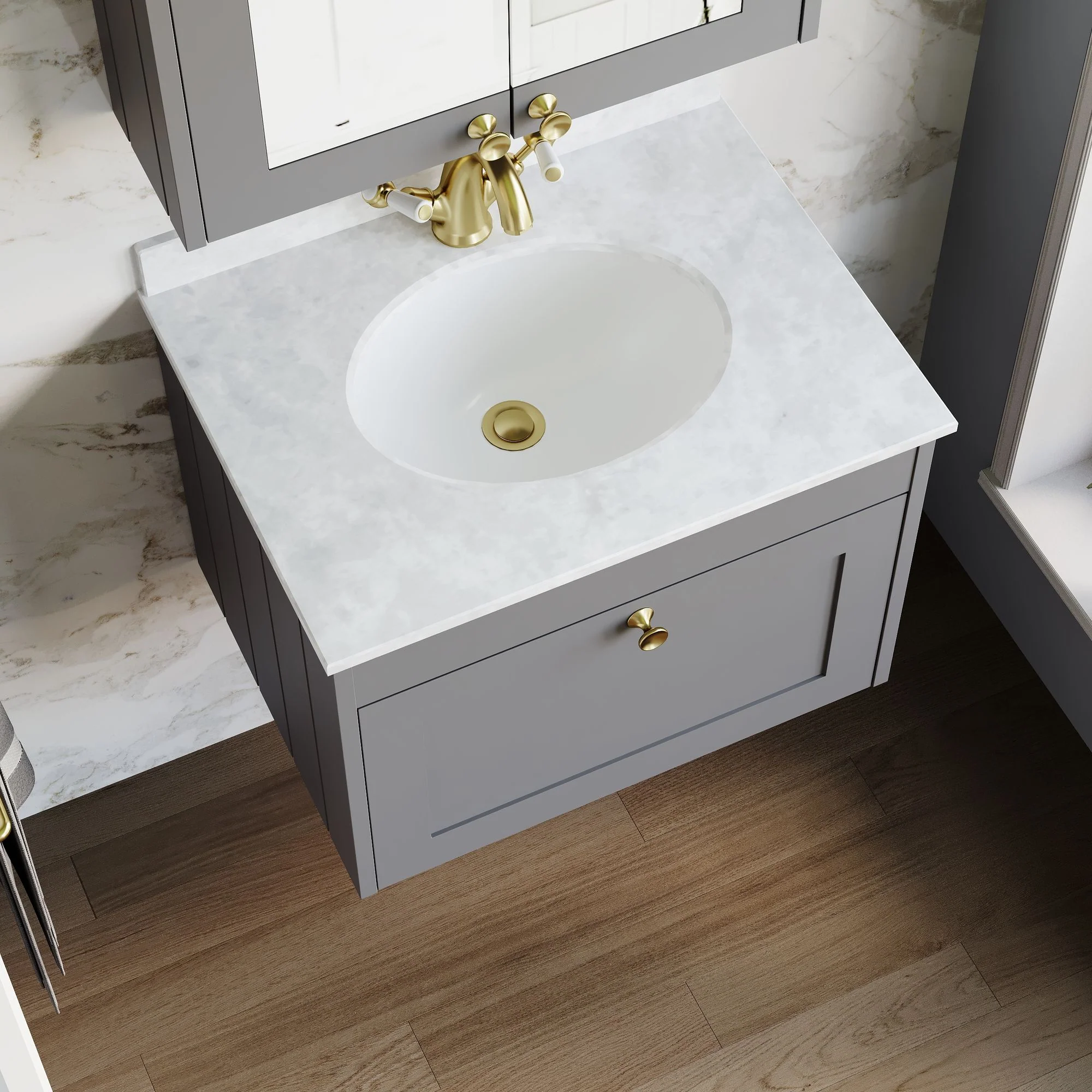 Farlow Shaker Wall Mounted 600mm 1-Drawer Basin Vanity Unit - Satin Grey - Image 22