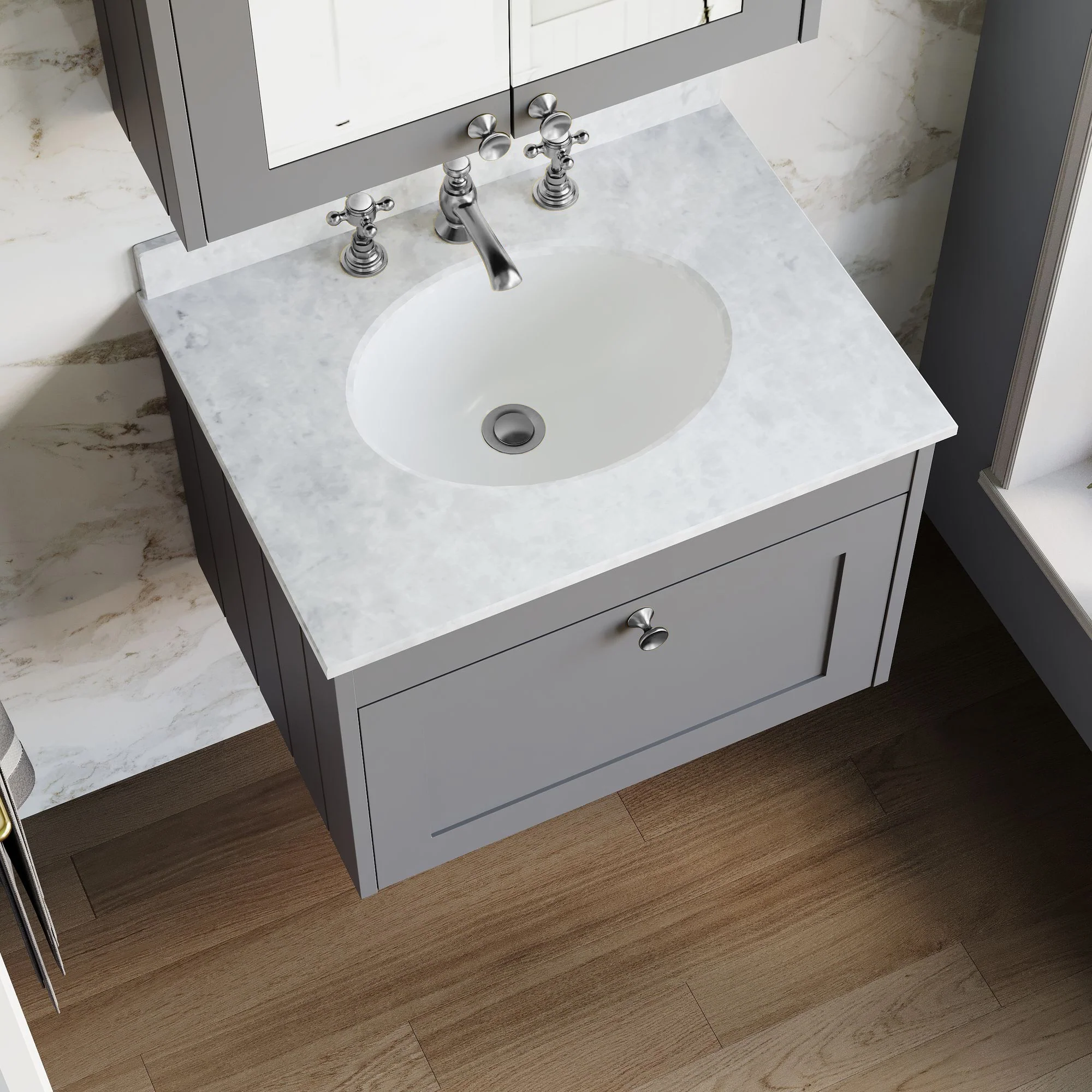 Farlow Shaker Wall Mounted 600mm 1-Drawer Basin Vanity Unit - Satin Grey - Image 30