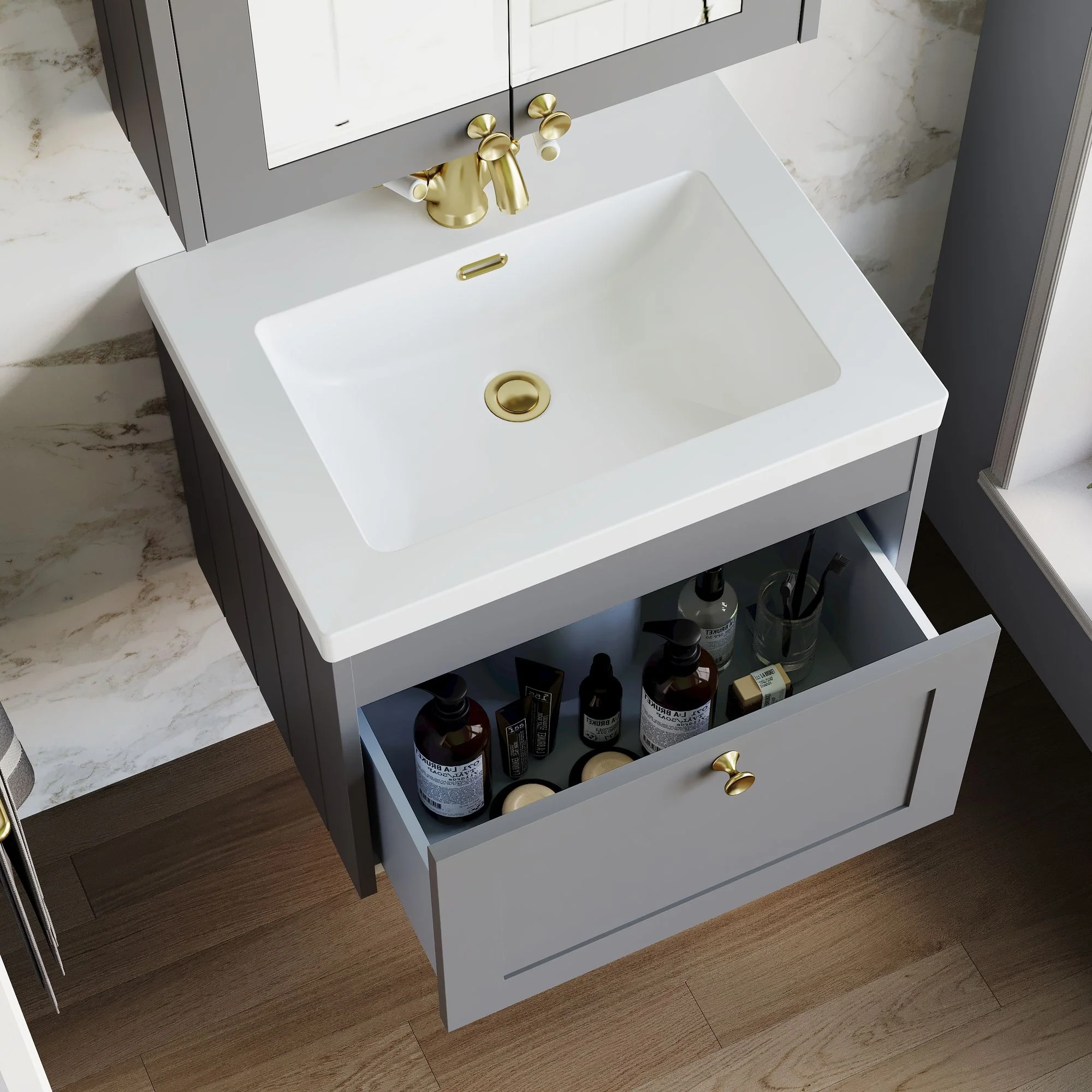Farlow Shaker Wall Mounted 600mm 1-Drawer Basin Vanity Unit - Satin Grey - Image 7