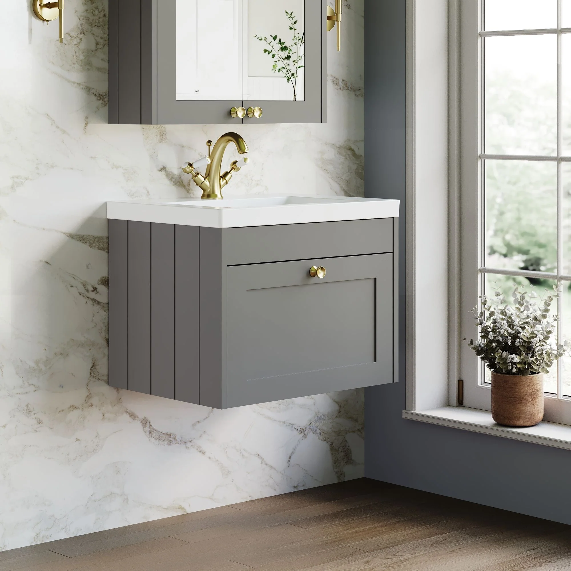 Farlow Shaker Wall Mounted 600mm 1-Drawer Basin Vanity Unit - Satin Grey - Image 9